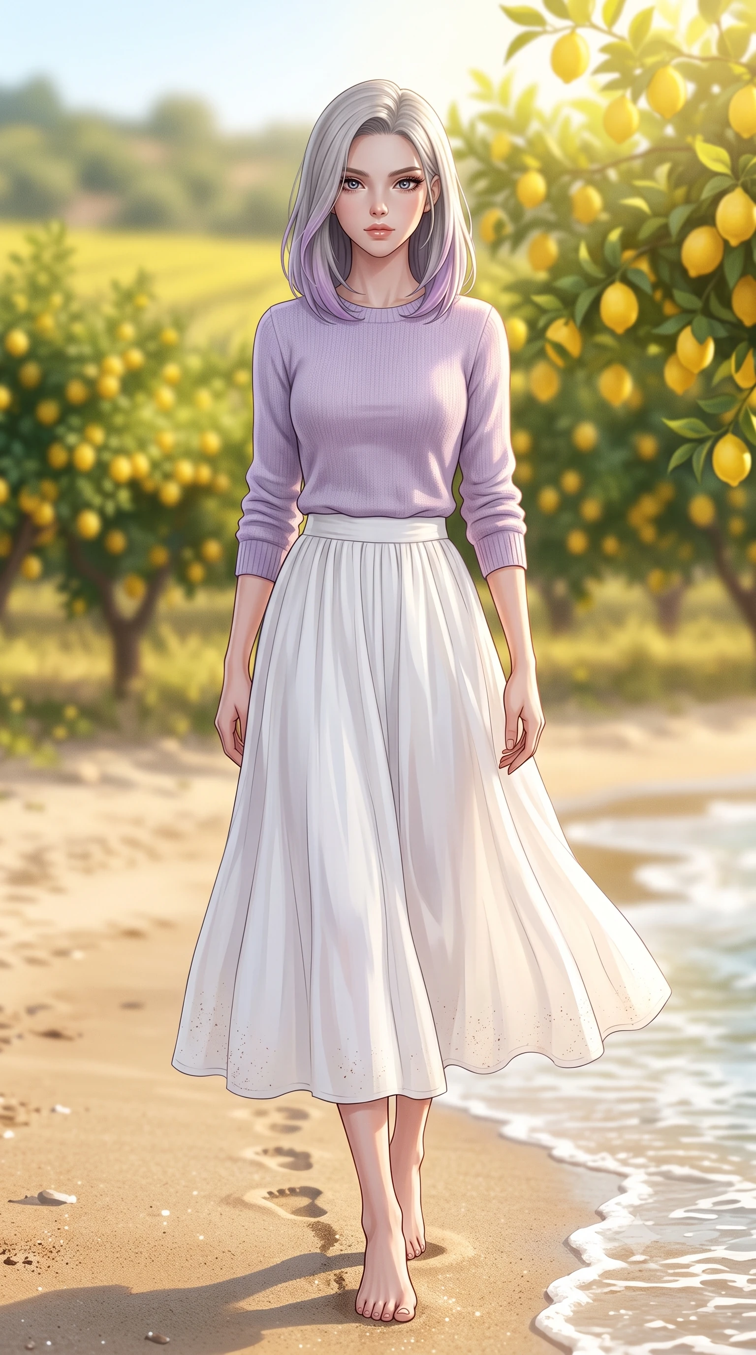 score_9, masterpiece, best quality, ultra-detailed, high-budget anime keyframe, editorial fashion photography, tasteful artistic composition, Caucasian woman woman. low angle full-body shot from head to toe showing her feet, filling the entire 9:16 vertical frame with her statuesque presence, stretching her vertical silhouette. walking slowly along the shoreline, leaving footprints in the wet sand the background shows a soft-focus an orchard of lemon trees heavy with ripe yellow fruit, in a Mediterranean field. She has an absolutely perfect, statuesque 8.5-heads proportion, an exceptionally tall and slender model-like female figure with impossibly long slender legs and an ultra-slim waist. sharp v-shaped jawline, high-bridge nose, intricate jewel-like eyes with depth, thick eyelashes, glossy lips with a natural sheen. wearing a tailored soft lavender knit sweater paired with a flowy white cotton maxi skirt. bright lemon-yellow sunlight bathing the orchard in a warm glow. 2k, ultra detail, master piece, 9:16 ratio