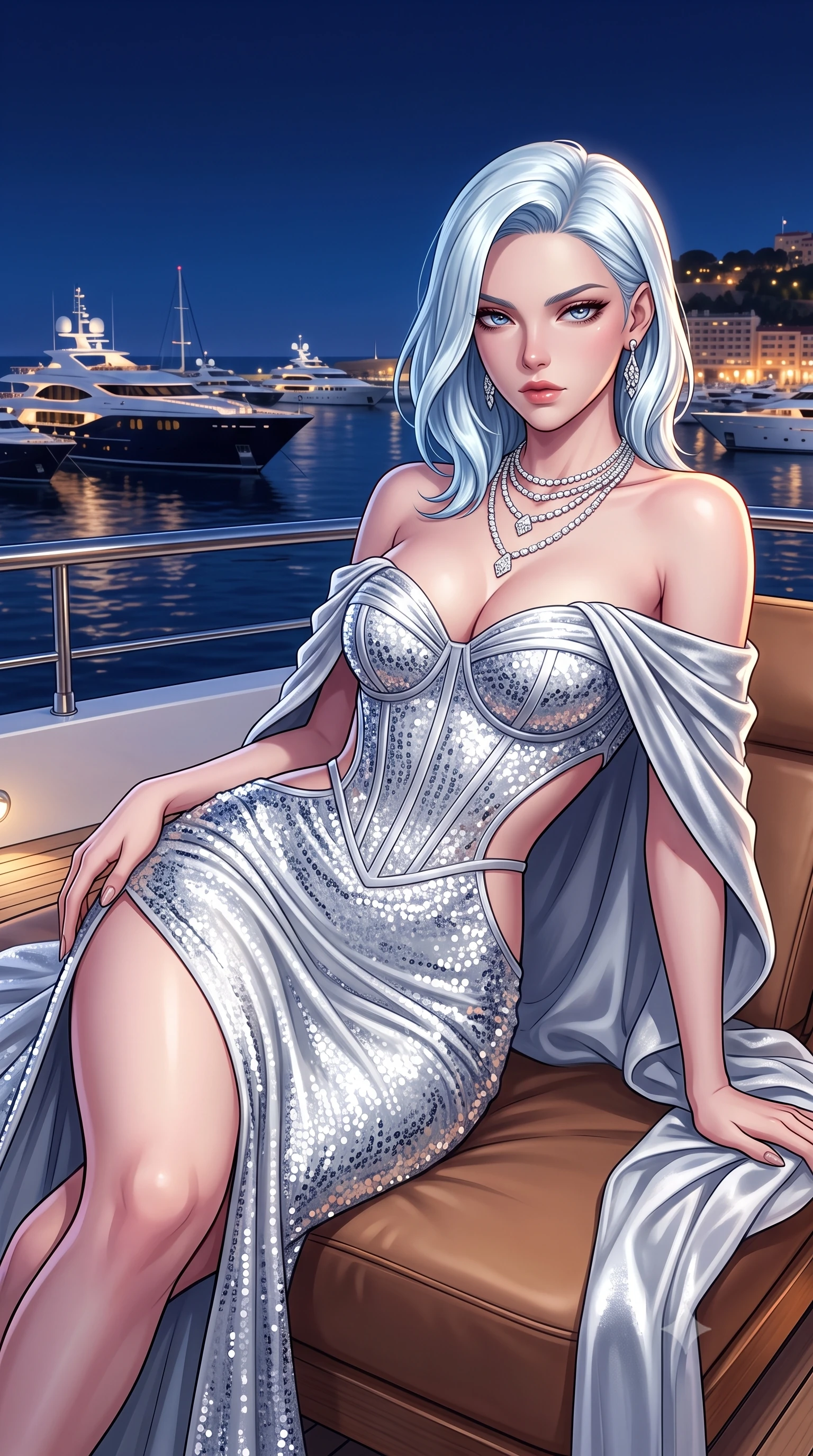 score_9, masterpiece, best quality, ultra-detailed, high-budget anime keyframe, semi-realistic 3D game render, editorial fashion photography, tasteful artistic composition, Korean woman. close-up cowboy shot from the waist and thighs up, the character dominates the composition, filling the frame with her large presence. leaning back with relaxed seductive grace, her sculpted collarbones and narrow waist highlighted as she casts smoldering bedroom-eyes directly into the camera while lounging languidly across an outdoor leather yacht lounger, one leg extended and torso propped on one elbow to accentuate her sweeping hip line. The surrounding environment is rendered in vivid detail and crisp panoramic clarity. detailed sequin dress reflections, diamond necklace fire, and Mediterranean night harbor in high clarity. She has an exceptionally elegant, slender, and willowy female figure with an ultra-slim waist, a gracefully sculpted slender torso, toned flat midriff, and rounded feminine hips creating an alluring hourglass silhouette. sharp v-shaped jawline, high-bridge nose, intricate jewel-like eyes with depth, thick eyelashes, glossy parted lips with a natural sheen, intensely captivating and seductive bedroom-eyes expression, flawlessly proportioned anatomical accuracy, strict slender model proportions, natural body alignment, perfectly sculpted long slender limbs, ultra-slim waistline, clean dynamic posture without body distortion. wearing a statuesque off-shoulder evening dress with a boned corset bodice and bodycon silhouette in pristine arctic white and metallic silver, made of liquid silk jersey adhering flawlessly to her slender build, complemented by a plush silk velvet capelet draped loosely over her shoulders, the precision-cut side openings and low-back scoop framing her graceful spine and the sensual sweep of her hips. surrounded by an elite, intoxicating, and irresistibly glamorous Monte Carlo heiress aura. highly saturated vibrant anime colors, detailed shading with soft gradients, rich glossy textures, high-contrast stereoscopic depth, volumetric dynamic lighting, master piece, 9:16 ratio