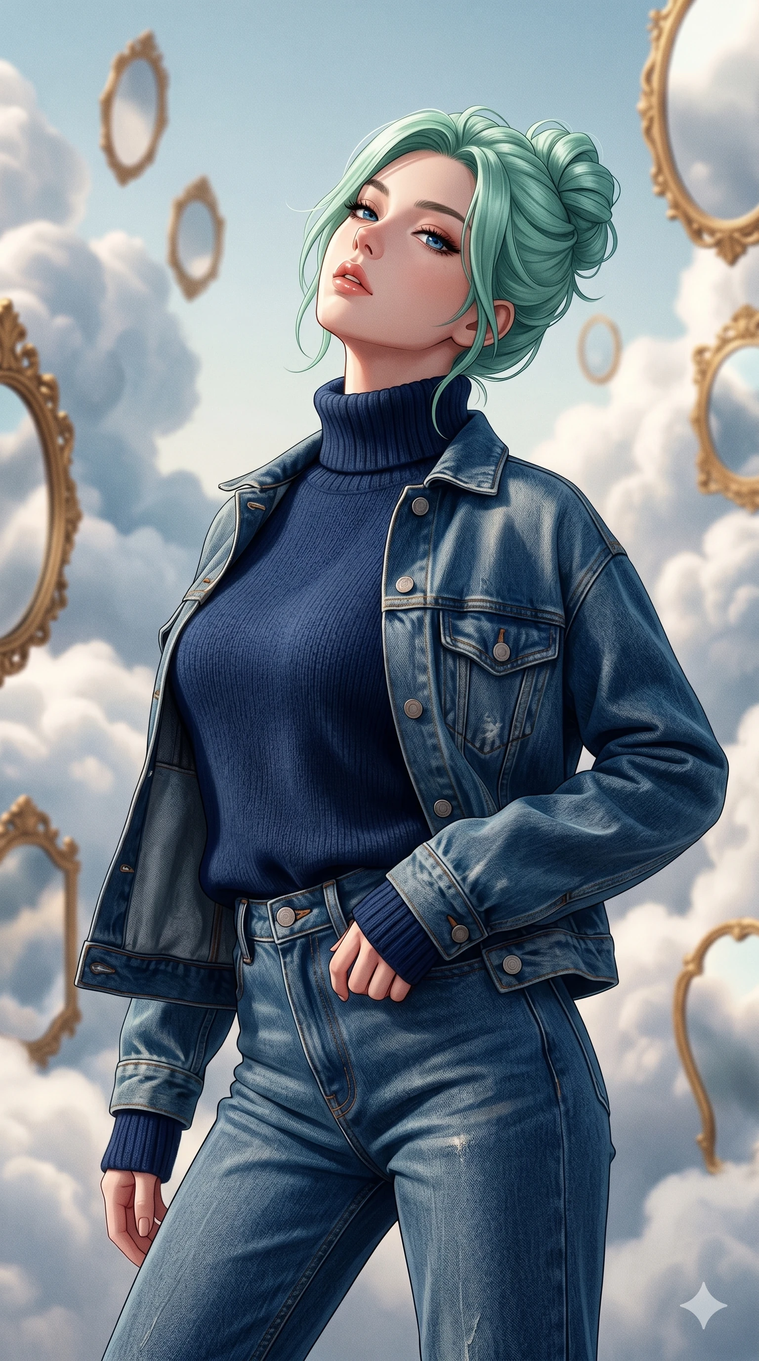 score_9, masterpiece, best quality, ultra-detailed, high-budget anime keyframe, editorial fashion photography, tasteful artistic composition, Japanese woman. cowboy shot from the thighs up, character and outfit filling the frame for maximum editorial presence. tilting her head back slightly with a confident and powerful expression, her lips parted in a surreal cloud sanctuary with floating golden mirrors (Code-P17-041). She has an absolutely perfect 8-heads proportion, an exceptionally tall and slender female figure with impossibly long slender legs and an ultra-slim waist. V-shaped jawline, high-bridge nose, intricate jewel-like eyes with depth, thick eyelashes, glossy lips with a natural sheen. wearing a high-neck cozy knit sweater under a structured denim jacket and trousers. bright cinematic key light tracing the sleek contours of her athletic figure. 2k, ultra detail, master piece, 9:16 ratio
