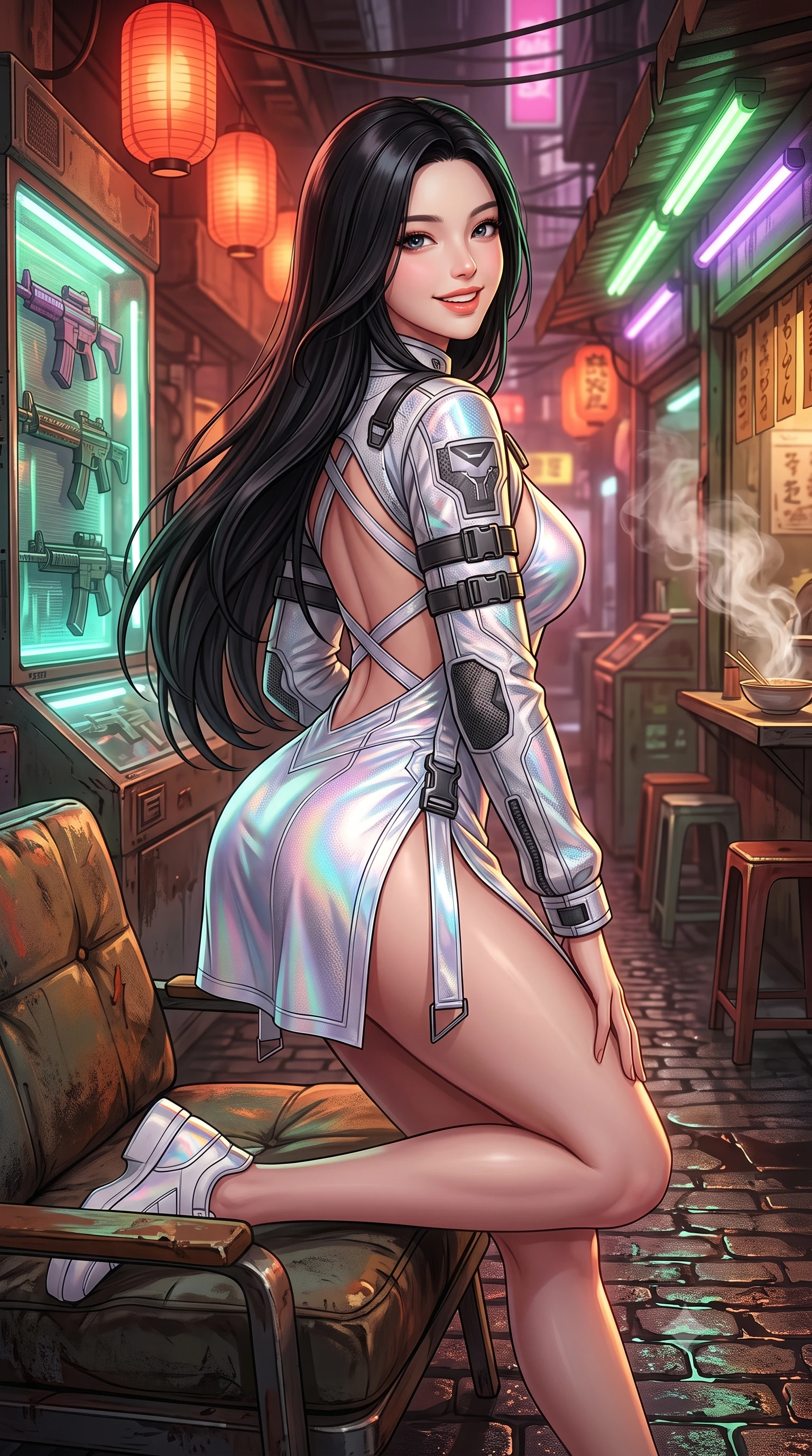 score_9, masterpiece, best quality, ultra-detailed, high-budget anime keyframe, semi-realistic 3D game render, editorial fashion photography, tasteful artistic composition, Korean woman. close-up cowboy shot from the waist and thighs up, the character dominates the composition, filling the frame with her large presence. perched sideways on the lounge seat, one knee drawn up to showcase her slender leg line while her arched back accentuates her feminine hip curve while standing poised on the wet cobblestones between glowing holographic weapon display cases, arching her spine with seductive combat poise as aromatic noodle steam rises. The surrounding environment is rendered in vivid detail and crisp panoramic clarity: detailed tactical jacket tailoring, vibrant anime shading, and gritty subterranean urban craft in razor-sharp precision. She has an exceptionally elegant, slender, and willowy female figure with an ultra-slim waist, flat toned midriff, narrow ribcage, and sculpted feminine hips creating an alluring, slim hourglass silhouette without bulk. sharp v-shaped jawline, high-bridge nose, intricate jewel-like sparkling eyes with depth, thick eyelashes, glossy parted lips with a natural peach sheen, bright cheerful beaming smile with an enchanting and coquettish sensual glint, exuding both youthful cute charm and seductive allure, flawlessly proportioned anatomical accuracy, strict slender model proportions, natural body alignment, perfectly sculpted long slender limbs, ultra-slim waistline, clean dynamic posture without body distortion. wearing a backless liquid foil flight mini dress with criss-cross spinal straps and daring high side slit in holographic prismatic pearl and aerospace white, woven from structured carbon-fiber jacquard with rich textural depth, finished with sleek magnetic buckle closures fluttering in the breeze, the second-skin tailored fabric adhering flawlessly to her sculpted flat midriff and slender torso, emphasizing her long leg lines and perfectly proportioned willowy build. bathed in warm 2200K crimson lantern light combined with vibrant green and ultraviolet market stall tube lights. highly saturated vibrant anime colors, detailed shading with soft gradients, rich glossy textures, high-contrast stereoscopic depth, volumetric dynamic lighting, master piece, 9:16 ratio