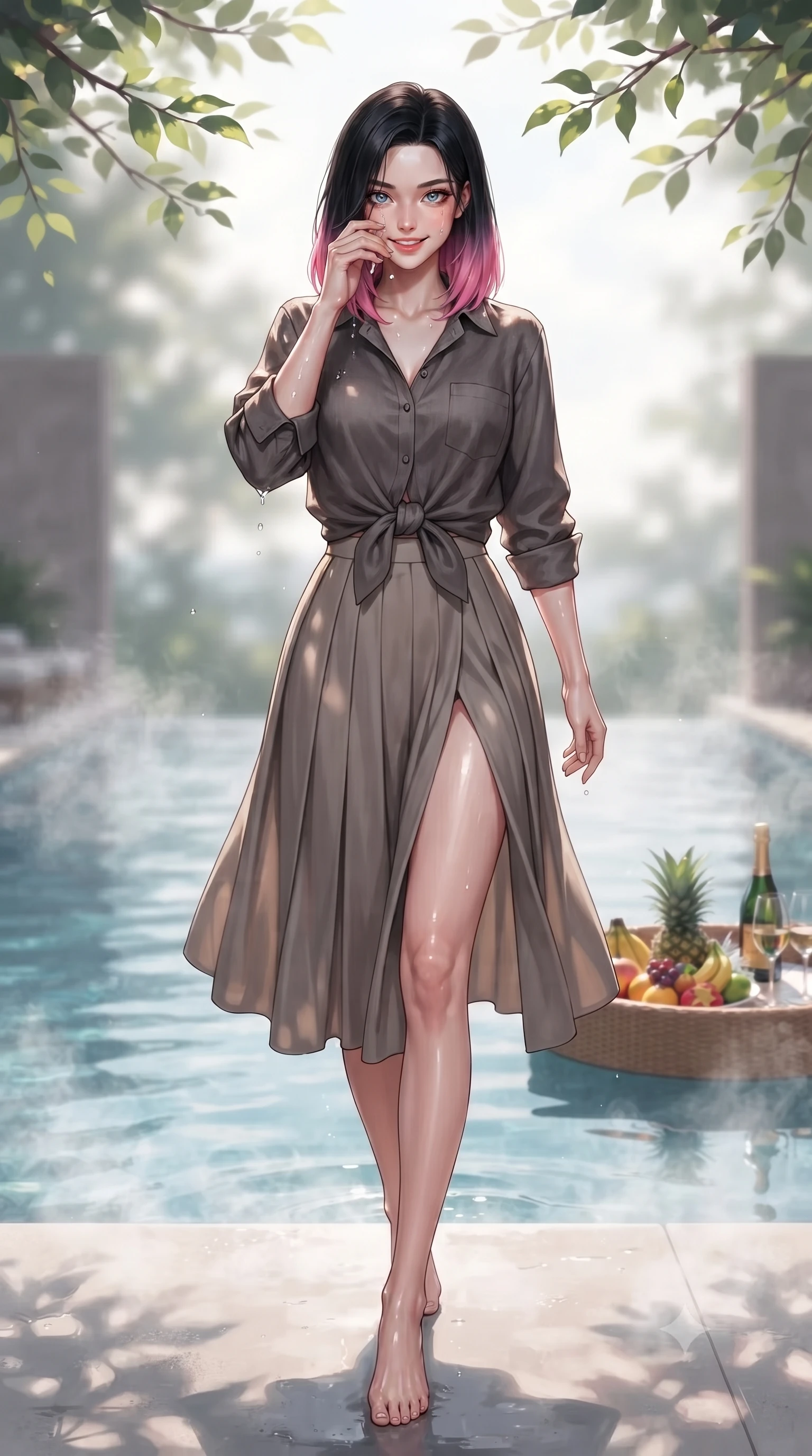 score_9, masterpiece, best quality, ultra-detailed, high-budget anime keyframe, editorial fashion photography, tasteful artistic composition, Korean woman. low angle full-body shot from head to toe showing her feet, filling the entire 9:16 vertical frame with her statuesque presence, stretching her vertical silhouette. stepping forward from the steamy pool edge, wiping away water droplets with a playful and sensual smile set against a soft-focus background of inside an exclusive vanity suite with a floating pool tray of tropical fruits and chilled wine in soft focus. She has an absolutely perfect, statuesque 8.5-heads proportion, an exceptionally tall and slender model-like female figure with impossibly long slender legs and an ultra-slim waist. sharp v-shaped jawline, high-bridge nose, intricate jewel-like eyes with depth, thick eyelashes, glossy lips with a natural sheen. wearing form-contouring charcoal soft linen casual linen button-down shirt paired with a flowy pleated midi skirt featuring refined tailored seams. highlighted by dappled sunlight filtering through leafy branches, creating soft organic patterns. ultra-reflective glossy finish, specular highlights, metallic sheen, high-contrast stereoscopic depth, volumetric dynamic lighting, 2k, ultra detail, master piece, 9:16 ratio