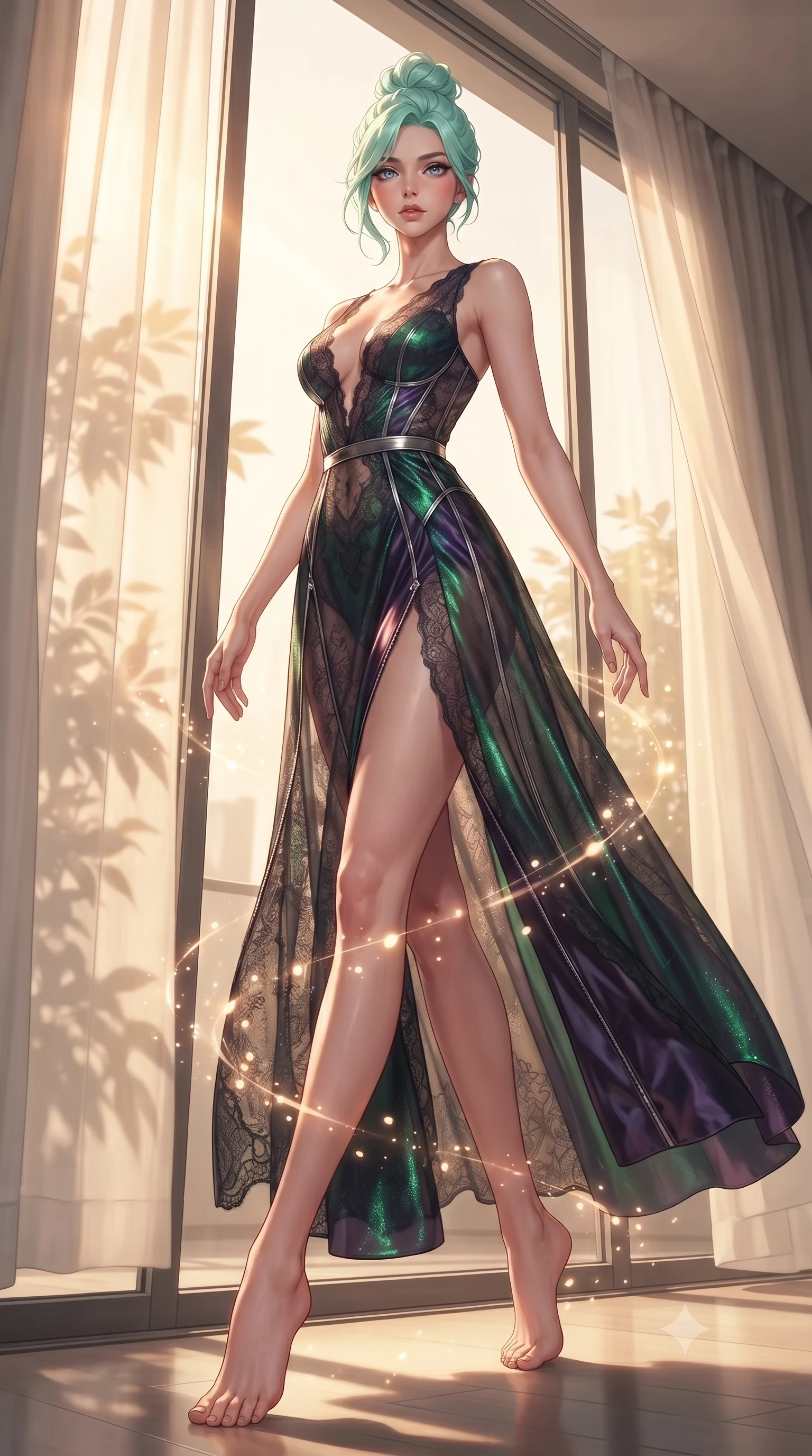 score_9, masterpiece, best quality, ultra-detailed, high-budget anime keyframe, editorial fashion photography, tasteful artistic composition, Japanese woman. low angle full-body shot from head to toe showing her feet, filling the entire 9:16 vertical frame with her statuesque presence, stretching her vertical silhouette. interacting with glowing light particles, her long slender legs poised in motion, poised beside a floor-to-ceiling glass window framed by billowing ivory curtains, intense volumetric sunbeams filtering through sheer linen casting soft leaf stencil shadows. She has an absolutely perfect, statuesque 8.5-heads proportion, an exceptionally tall and slender model-like female figure with impossibly long slender legs and an ultra-slim waist. sharp v-shaped jawline, high-bridge nose, intricate jewel-like eyes with depth, thick eyelashes, glossy lips with a natural sheen. wearing gothic nebula sheer dark lace gown with plunging neckline in deep emerald green, made of iridescent dark violet taffeta, finished with metallic silver boning and sleek zipper points, contouring every curve with an exceptionally elegant silhouette. bathed in warm golden afternoon sunbeams filtering through sheer ivory linen. ultra-reflective glossy finish, specular highlights, metallic sheen, high-contrast stereoscopic depth, volumetric dynamic lighting, 2k, ultra detail, master piece, 9:16 ratio