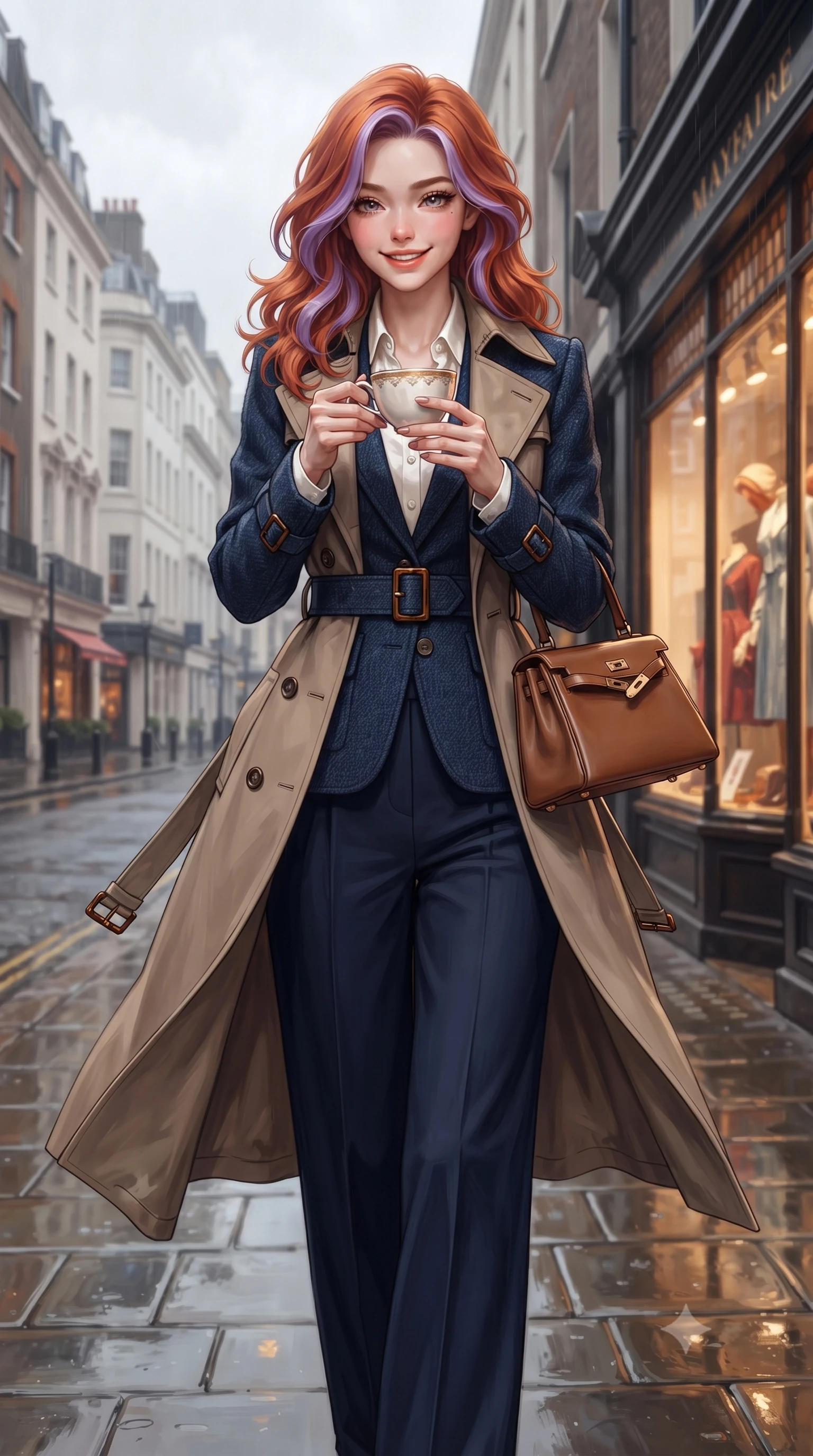 score_9, masterpiece, best quality, ultra-detailed, high-budget anime keyframe, editorial fashion photography, tasteful artistic composition, Caucasian woman. close-up cowboy shot from the waist and thighs up, the character dominates the composition, filling the frame with her large presence. holding a warm porcelain cup in both hands while tilting her head with an enchanting, beaming smile while walking down the rain-slicked London street with confident model strides, her trench coat fluttering with dynamic rhythm. The surrounding environment is rendered in vivid detail and crisp panoramic clarity: detailed double-breasted trench coat stitching, tortoiseshell buckle accents, and Mayfair heritage streetscape in razor-sharp precision. She has an exceptionally elegant, slender, and willowy female figure with an ultra-slim waist, flat toned midriff, narrow ribcage, and sculpted feminine hips creating an alluring, slim hourglass silhouette without bulk. sharp v-shaped jawline, high-bridge nose, intricate jewel-like sparkling eyes with depth, thick eyelashes, glossy parted lips with a natural peach sheen, bright cheerful beaming smile with an enchanting and coquettish sensual glint, exuding both youthful cute charm and seductive allure, flawlessly proportioned anatomical accuracy, strict slender model proportions, natural body alignment, perfectly sculpted long slender limbs, ultra-slim waistline, clean dynamic posture without body distortion. wearing a chic tailored smoking jacket blazer paired with fluid pleated palazzo trousers and a silk blouse base in French navy blue and crisp alabaster white, tailored from heritage British Harris Tweed with rich multi-tonal yarn weave, finished with a structured leather top-handle mini bag resting gracefully at her side, the structured cinched belt emphasizing her narrow waistline and gracefully balanced proportions with timeless haute-couture polish. bathed in diffused London overcast sky light contrasted with warm incandescent shopfront display illumination. ultra-reflective glossy finish, specular highlights, rich textural contrasts, high-contrast stereoscopic depth, volumetric dynamic lighting, 2k, ultra detail, master piece, 9:16 ratio