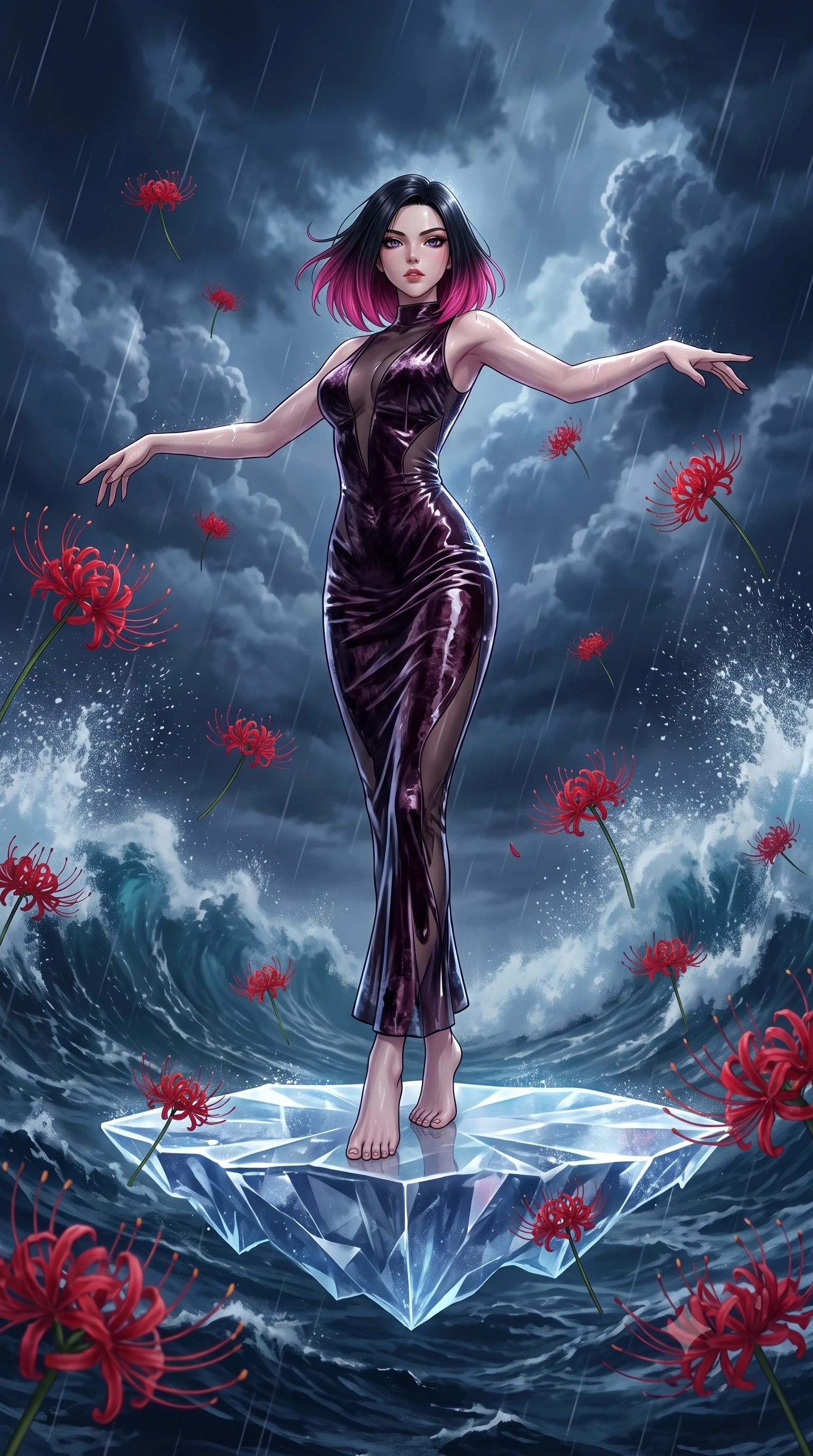 score_9, masterpiece, best quality, ultra-detailed, High-budget Anime Keyframe, East Asian woman. Low angle cowboy shot filling the entire 9:16 frame with her statuesque presence. Scenario 264: dancing amidst falling red spider lilies inside a floating platform suspended over a stormy sea of dark blue water. Her presence is magnetic and overpowering in this high-budget anime scene. Outfit 264: a body-hugging crushed dark velvet sheer with a sheer panels and wet-look texture. The clothing is designed to emphasize her exceptionally tall and slender 8-heads proportion. 8-heads proportion, towering silhouette, ultra-slim waist. sharp v-shaped jawline, intricate jewel-like eyes with depth, thick eyelashes, glossy lips. 2k, ultra detail, master piece, 9:16 ratio
