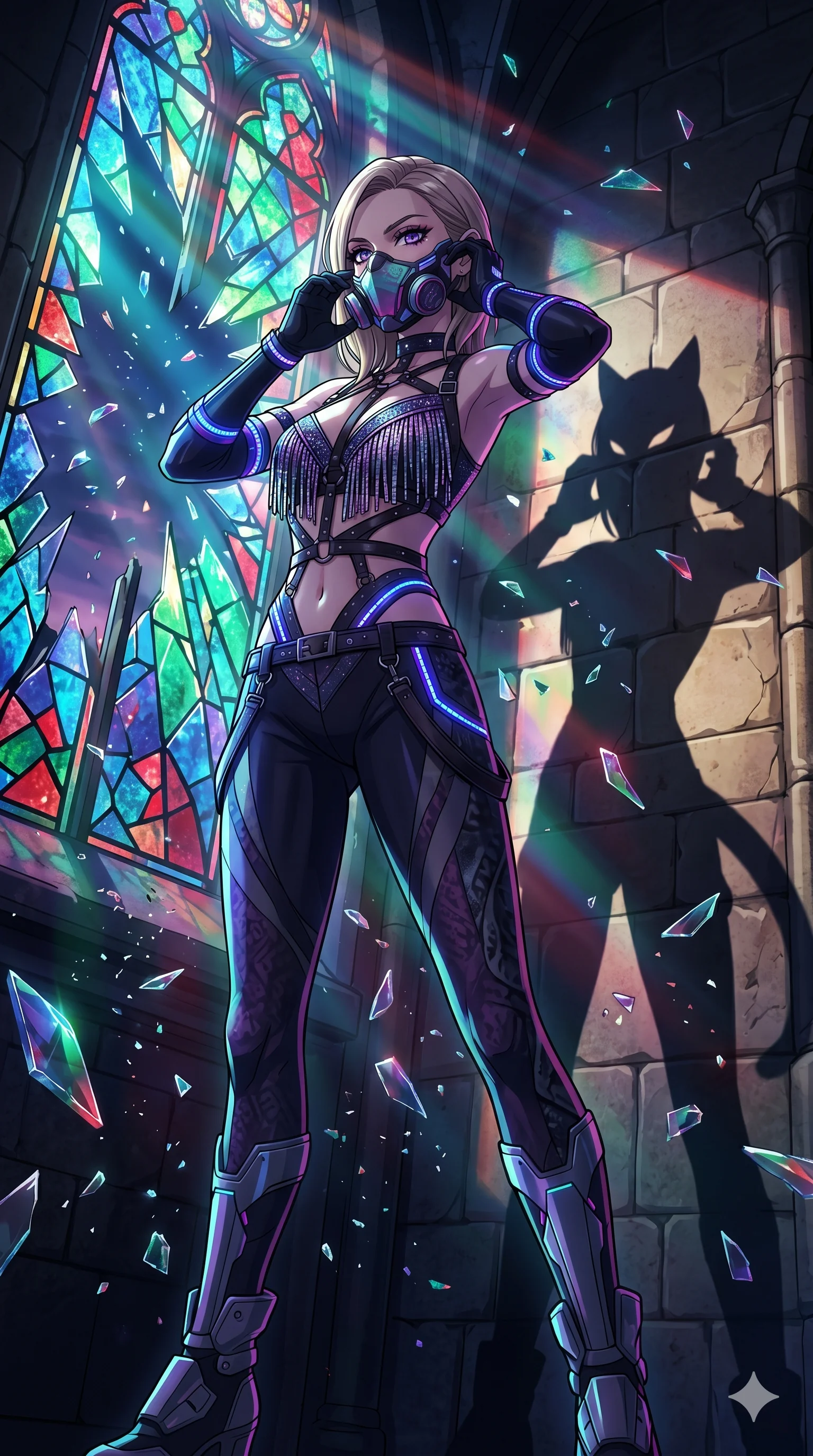 score_9, masterpiece, best quality, ultra-detailed, Set A: High-budget Anime Keyframe, Caucasian (strictly human ears) woman. Low angle cowboy shot filling the entire 9:16 frame with her statuesque presence. Adjusting a mask through a shattered glass cathedral, while her shadow mimics the movements of a predator 125 and surrounded by shattered glass fragments. She has an absolutely perfect 8-heads proportion, an exceptionally tall and slender female figure with impossibly long slender legs and an ultra-slim waist. Sharp v-shaped jawline, high-bridge nose, intricate jewel-like eyes with depth, thick eyelashes, glossy lips with a natural sheen. Wearing Cyberpunk idol stage outfit with glittery fringes, leather straps, and glowing LED accents. Cinematic lighting, vibrant colors, dramatic shadows, 2k, ultra detail, master piece, 9:16 ratio