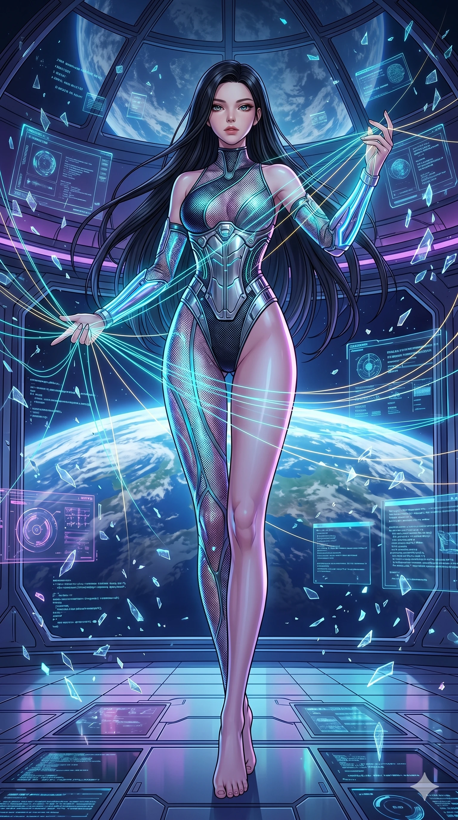 score_9, masterpiece, best quality, ultra-detailed, high-budget anime movie keyframe, cinematic anime lighting, intricate line art, Japanese woman. Low angle cowboy shot filling the entire 9:16 frame with her statuesque presence. weaving threads of light in a lunar observatory surrounded by floating data-shards. She has an absolutely perfect 8-heads proportion, an exceptionally tall and slender female figure with an ultra-slim waist and impossibly long slender legs. sharp v-shaped jawline, high-bridge nose, intricate jewel-like eyes, thick eyelashes, glossy lips. Wearing asymmetrical high-cut tech-bodysuit with detached glowing sleeves, chrome-plated mechanical corset, and bioluminescent mesh panels clinging to her slender figure. The scene is illuminated by dramatic atmospheric lighting and vibrant color palettes. , 2k, ultra detail, master piece, 9:16 ratio