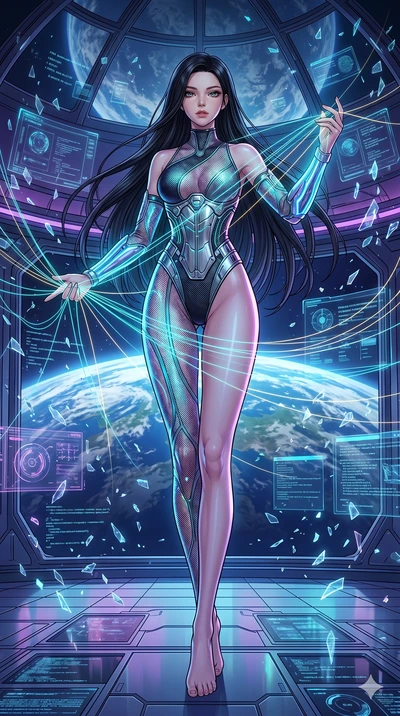 score_9, masterpiece, best quality, ultra-detailed, high-budget anime movie keyframe, cinematic anime lighting, intricate line art, Japanese woman. Low angle cowboy shot filling the entire 9:16 frame with her statuesque presence. weaving threads of l