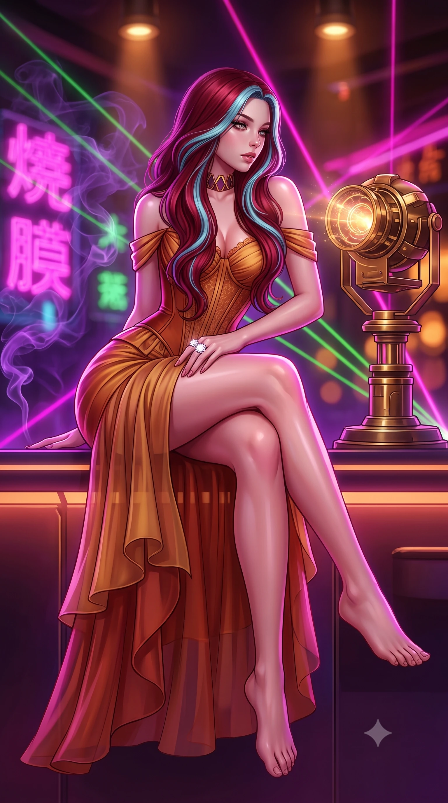 score_9, masterpiece, best quality, ultra-detailed, high-budget anime keyframe, semi-realistic 3D game render, editorial fashion photography, tasteful artistic composition, Caucasian woman. low angle full-body shot from head to toe showing her feet, filling the entire 9:16 vertical frame with her statuesque presence, stretching her vertical silhouette. sitting perched on the elevated edge with hips angled toward the camera and legs crossed, displaying her toned midriff and flawlessly sculpted slender limbs while standing poised beside the brass holo-projector, twisting her upper body in an alluring S-curve as laser beams filter through cigar smoke. The composition keeps background elements in soft focus with creamy bokeh. swirling violet cigar smoke wisps and neon kanji holographic signs blurred into hot magenta, laser green, and deep amber bokeh. She has an exceptionally tall and slender model-like 8.5-heads proportion, an ultra-slim waist, a flat toned midriff, narrow delicate ribcage, and beautifully sculpted feminine hips creating a graceful, slim hourglass silhouette without any bulky heaviness, with impossibly long slender legs. sharp v-shaped jawline, high-bridge nose, intricate jewel-like eyes with depth, thick eyelashes, glossy parted lips with a natural sheen, intensely captivating and seductive bedroom-eyes expression, flawlessly proportioned anatomical accuracy, strict slender model proportions, natural body alignment, perfectly sculpted long slender limbs, ultra-slim waistline, clean dynamic posture without body distortion. wearing an off-shoulder French court corset bodice dress paired with a tiered translucent chiffon slit skirt in molten desert gold and burnt terracotta, tailored from water-resistant treated wool gabardine and flexible stretch silk, complemented by a bold geometric choker and sparkling cocktail ring, the liquid-tight tailored fabric clinging flawlessly to her narrow waist and rounded feminine hips, emphasizing every millimeter of her sculpted slim hourglass curves without any bulky heaviness. bathed in rich magenta and electric violet neon light contrasting with warm amber bar downlights. highly saturated vibrant anime colors, detailed shading with soft gradients, rich glossy textures, high-contrast stereoscopic depth, volumetric dynamic lighting, master piece, 9:16 ratio