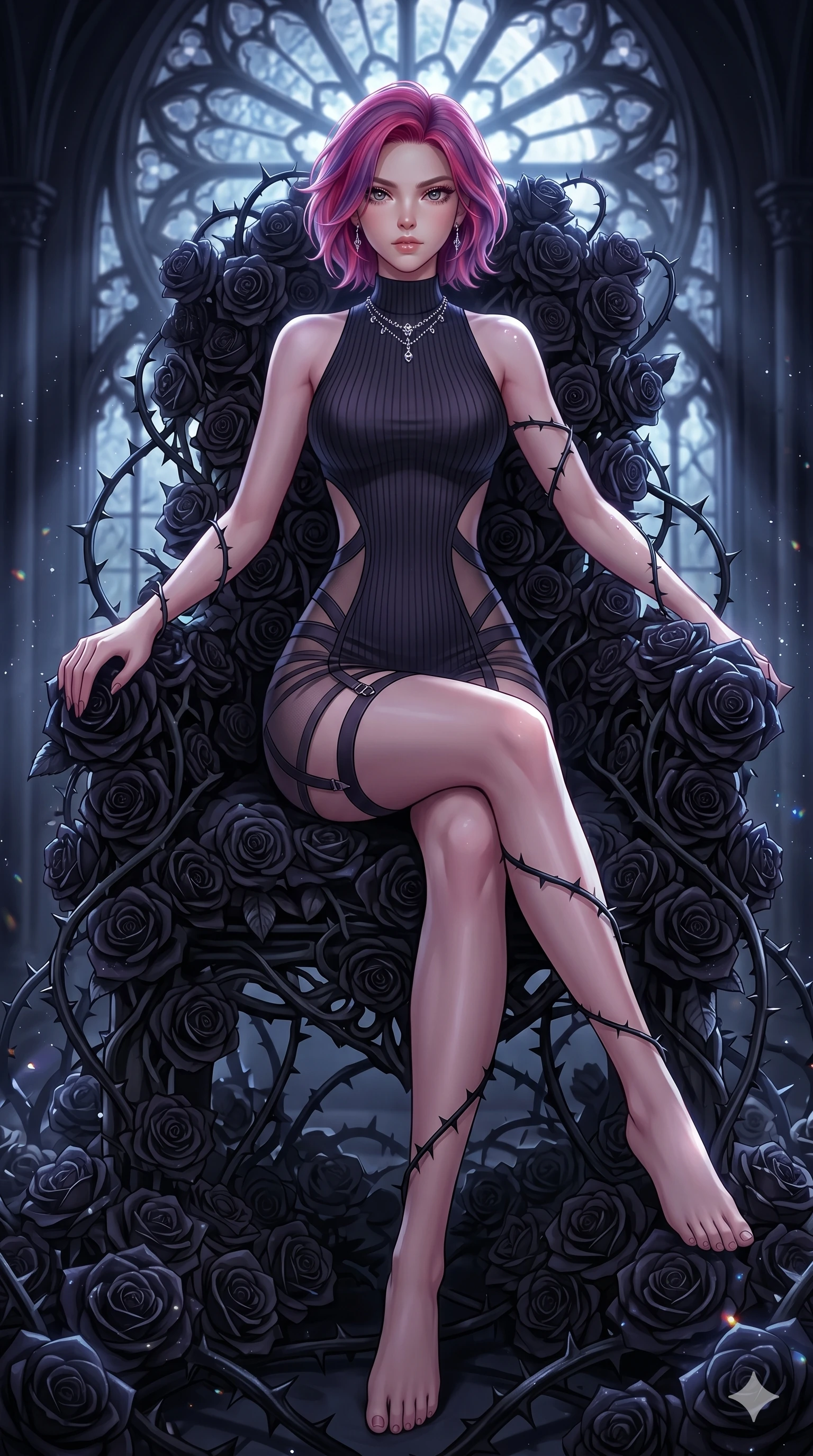 score_9, masterpiece, best quality, ultra-detailed, High-budget Anime Keyframe, East Asian woman. Dynamic full-body shot stretching the vertical silhouette to the limit. Scenario 250: Resting on a throne of black roses, thorns grazing her skin. Her presence is magnetic and overpowering in this high-budget anime scene. Outfit 250: A ribbed bodycon knit garter with a strategic side cut-outs and translucent layers. The clothing is designed to emphasize her exceptionally tall and slender 8-heads proportion. 8-heads proportion, towering silhouette, ultra-slim waist. sharp v-shaped jawline, intricate jewel-like eyes with depth, thick eyelashes, glossy lips. 2k, ultra detail, master piece, 9:16 ratio