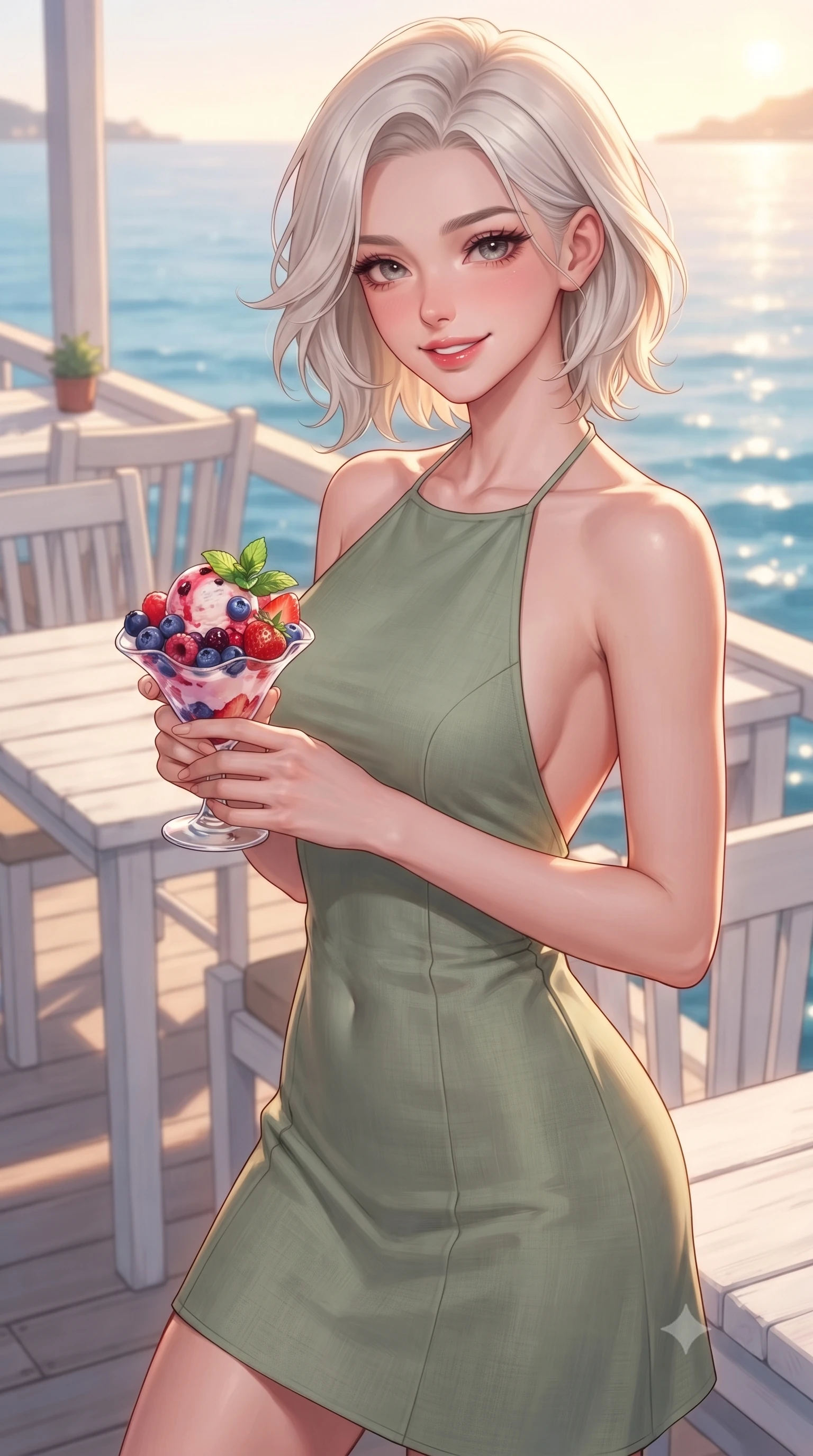 score_9, masterpiece, best quality, ultra-detailed, high-budget anime keyframe, editorial fashion photography, tasteful artistic composition, Caucasian woman. close-up cowboy shot from the waist and thighs up, the character dominates the composition, filling the frame with her large presence, background elements kept in soft focus. smiling warmly with a soft, affectionate expression, making cute eye contact set against a soft-focus background of at a seaside cafe deck with white wooden tables and views of the blue water holding a colorful ice cream coupe with fresh berries and mint. She has an exceptionally elegant, slender, and willowy female figure with an ultra-slim waist, a gracefully sculpted slender torso, and a refined silhouette. sharp v-shaped jawline, high-bridge nose, intricate jewel-like eyes with depth, thick eyelashes, glossy lips with a natural sheen. wearing tailored backless linen halter dress in sage green, showing her elegant shoulder lines. warm golden lighting creating a cozy, relaxing weekend mood. highly saturated vibrant anime colors, detailed shading with soft gradients, rich glossy textures, high-contrast stereoscopic depth, volumetric dynamic lighting, master piece, 9:16 ratio