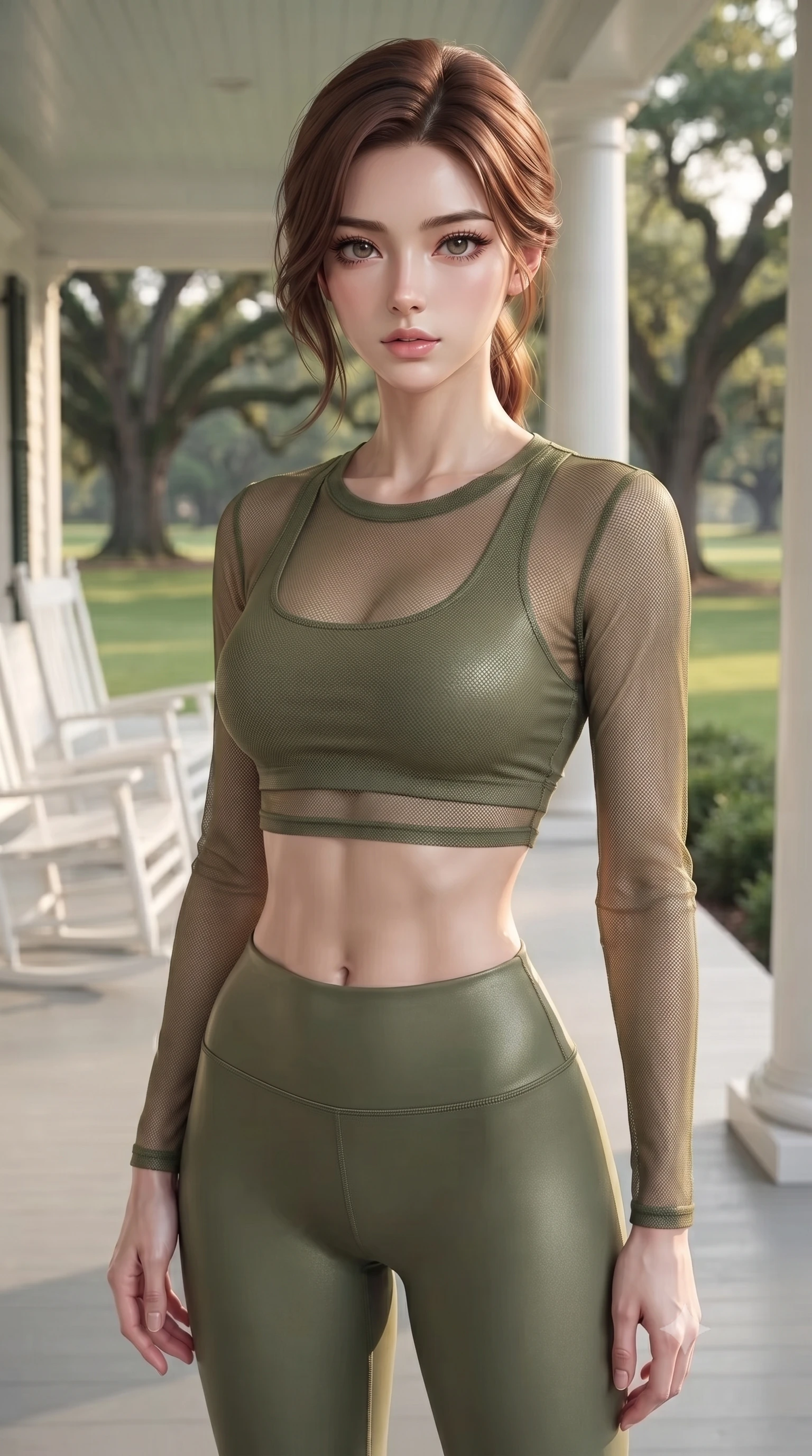 score_9, masterpiece, best quality, ultra-detailed, high-budget anime keyframe, editorial fashion photography, tasteful artistic composition, Korean woman woman. close-up cowboy shot from the waist and thighs up, the character dominates the composition, filling the frame with her large presence, background elements kept in soft focus. tilting her chin up slightly with lips parted in a composed, provocative expression the background shows a soft-focus a wide white veranda with rocking chairs, overlooking a large green lawn with oak trees. She has an exceptionally elegant, slender, and willowy female figure with an ultra-slim waist, a gracefully sculpted slender torso, and a refined silhouette. sharp v-shaped jawline, high-bridge nose, intricate jewel-like eyes with depth, thick eyelashes, glossy lips with a natural sheen. wearing a tailored sheer mesh long-sleeve crop top in olive green, worn over a matching sports bra and leggings. soft late afternoon sunbeams casting a nostalgic, peaceful glow. ultra-reflective glossy finish, specular highlights, metallic sheen, high-contrast stereoscopic depth, volumetric dynamic lighting, 2k, ultra detail, master piece, 9:16 ratio