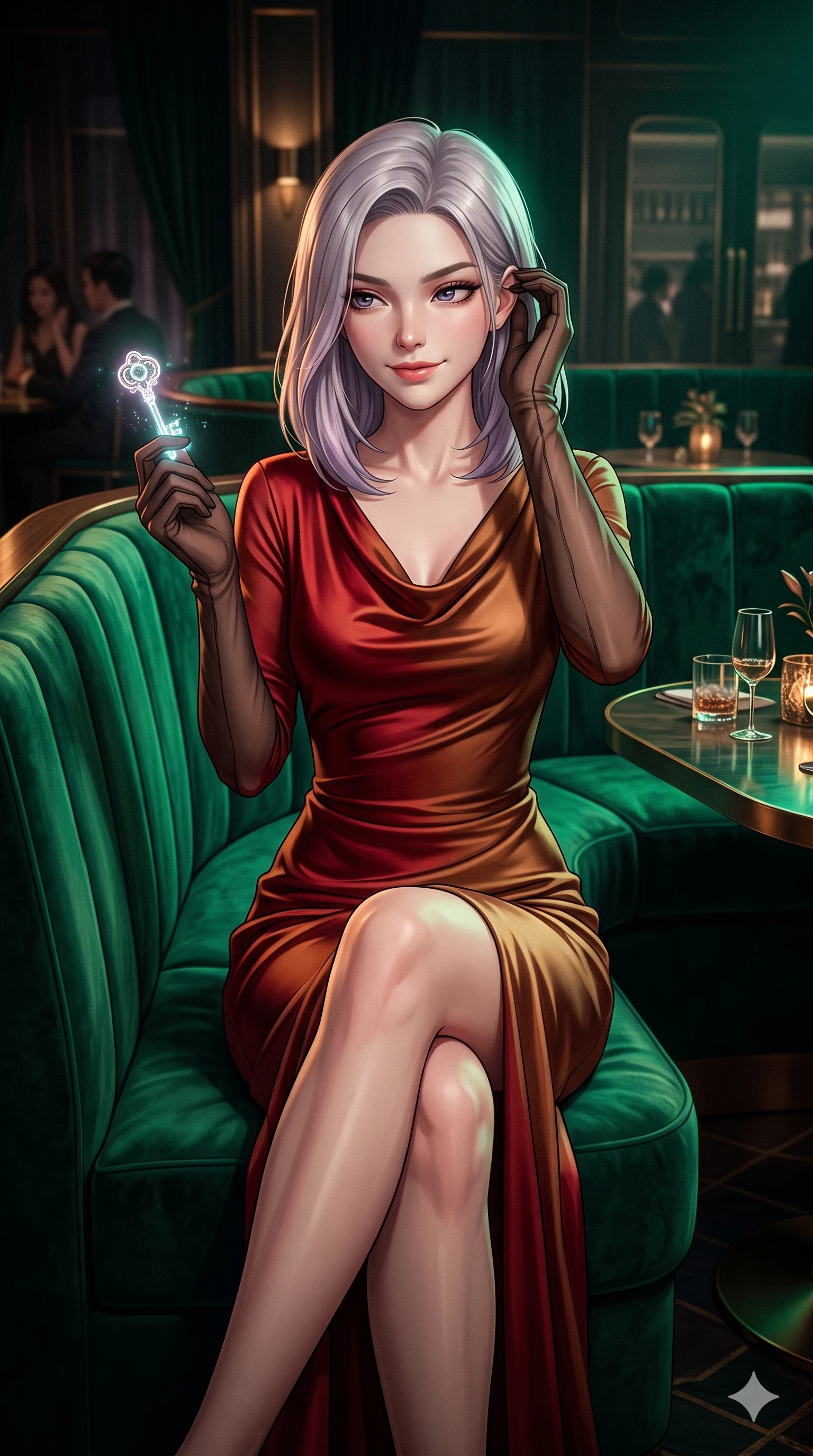 score_9, masterpiece, best quality, ultra-detailed, high-budget anime keyframe, semi-realistic 3D game render, editorial fashion photography, tasteful artistic composition, Caucasian woman. close-up cowboy shot from the waist and thighs up, the character dominates the composition, filling the frame with her large presence. gently brushing a lock of hair behind her ear while casting a playful, flirtatious side-gaze with long eyelashes while sitting poised in a plush emerald velvet booth with legs crossed, holding a glowing cryptographic key while flashing a subtle, dangerous smile. The surrounding environment is rendered in vivid detail and crisp panoramic clarity: detailed peplum corset dress tailoring, jeweled clasp closures, and luxury VIP club interior in razor-sharp clarity. She has an exceptionally elegant, slender, and willowy female figure with an ultra-slim waist, flat toned midriff, narrow ribcage, and sculpted feminine hips creating an alluring, slim hourglass silhouette without bulk. sharp v-shaped jawline, high-bridge nose, intricate jewel-like sparkling eyes with depth, thick eyelashes, glossy parted lips with a natural sheen, intensely captivating and seductive bedroom-eyes expression, exuding both youthful cute charm and sovereign luxury allure, flawlessly proportioned anatomical accuracy, strict slender model proportions, natural body alignment, perfectly sculpted long slender limbs, ultra-slim waistline, clean dynamic posture without body distortion. wearing a modest long-sleeve cowl-neck satin column gown draping gracefully to the floor with aristocratic poise in imperial vermilion silk and warm bronze, woven from high-density tech-wool with subtle metallic thread weave, complemented by sheer opera-length evening gloves tracing her slender arms, the bespoke structured tailoring following the natural line of her 8.5-heads silhouette with refined elegance. bathed in low-key, high-contrast chiaroscuro lighting with narrow green and amber spotlights on the gaming table. highly saturated vibrant anime colors, detailed shading with soft gradients, rich glossy textures, high-contrast stereoscopic depth, volumetric dynamic lighting, master piece, 9:16 ratio