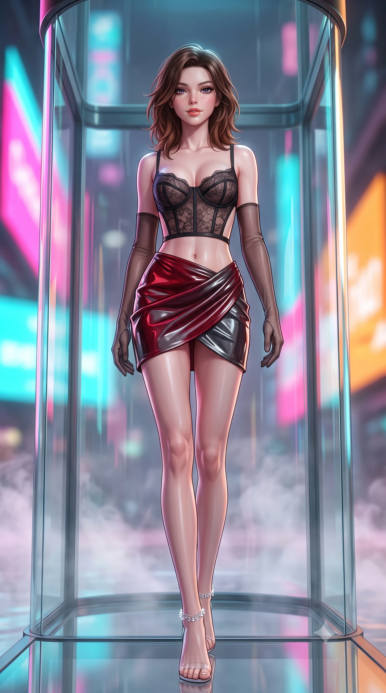 score_9, masterpiece, best quality, ultra-detailed, high-budget anime keyframe, semi-realistic 3D game render, editorial fashion photography, tasteful artistic composition, Korean woman. low angle full-body shot from head to toe showing her feet, filling the entire 9:16 vertical frame with her statuesque presence, stretching her vertical silhouette. stepping slowly toward the camera with hypnotic grace, hips swaying in an alluring sensual rhythm that accentuates her curvy hourglass silhouette and long slender legs while standing tall inside the transparent glass spa capsule jutting out over the crossing, arching her spine with futuristic siren poise. The background shows a soft-focus rising thermal water vapor softened in cinematic cyberpunk luxury shallow focus. She has an absolutely perfect, statuesque 8.5-heads proportion, an exceptionally tall and slender model-like female figure with impossibly long slender legs, an ultra-slim waist, a flat toned midriff, narrow delicate ribcage, and beautifully sculpted feminine hips creating a graceful, slim hourglass silhouette without any bulky heaviness. sharp v-shaped jawline, high-bridge nose, sparkling eyes with hypnotic seductive depth, thick curled eyelashes, glossy parted lips with a natural dewy peach sheen, alluring bedroom-eyes with an enchanting coquettish smile, exuding magnetic siren charisma and sophisticated glamour, flawlessly proportioned anatomical accuracy, strict slender model proportions, natural body alignment, perfectly sculpted long slender limbs, ultra-slim waistline, clean dynamic posture without body distortion. wearing a sculpted underwire demi-bustier in semi-sheer lace paired with an ultra-short draped tulip skirt in rich cherry lacquer and smoky charcoal, crafted from wet-look high-gloss vinyl fabric with dazzling specular surface reflections, complemented by sheer opera-length evening gloves tracing her slender arms, the precision-cut side openings and low-back scoop framing her graceful spine and the sensual sweep of her slim, toned hips. bathed in dynamic shifting saturated neon pink, cyan, and amber light projected horizontally from monumental electronic billboards. highly saturated vibrant anime colors, detailed shading with soft gradients, rich glossy textures, high-contrast stereoscopic depth, volumetric dynamic lighting, master piece, 9:16 ratio