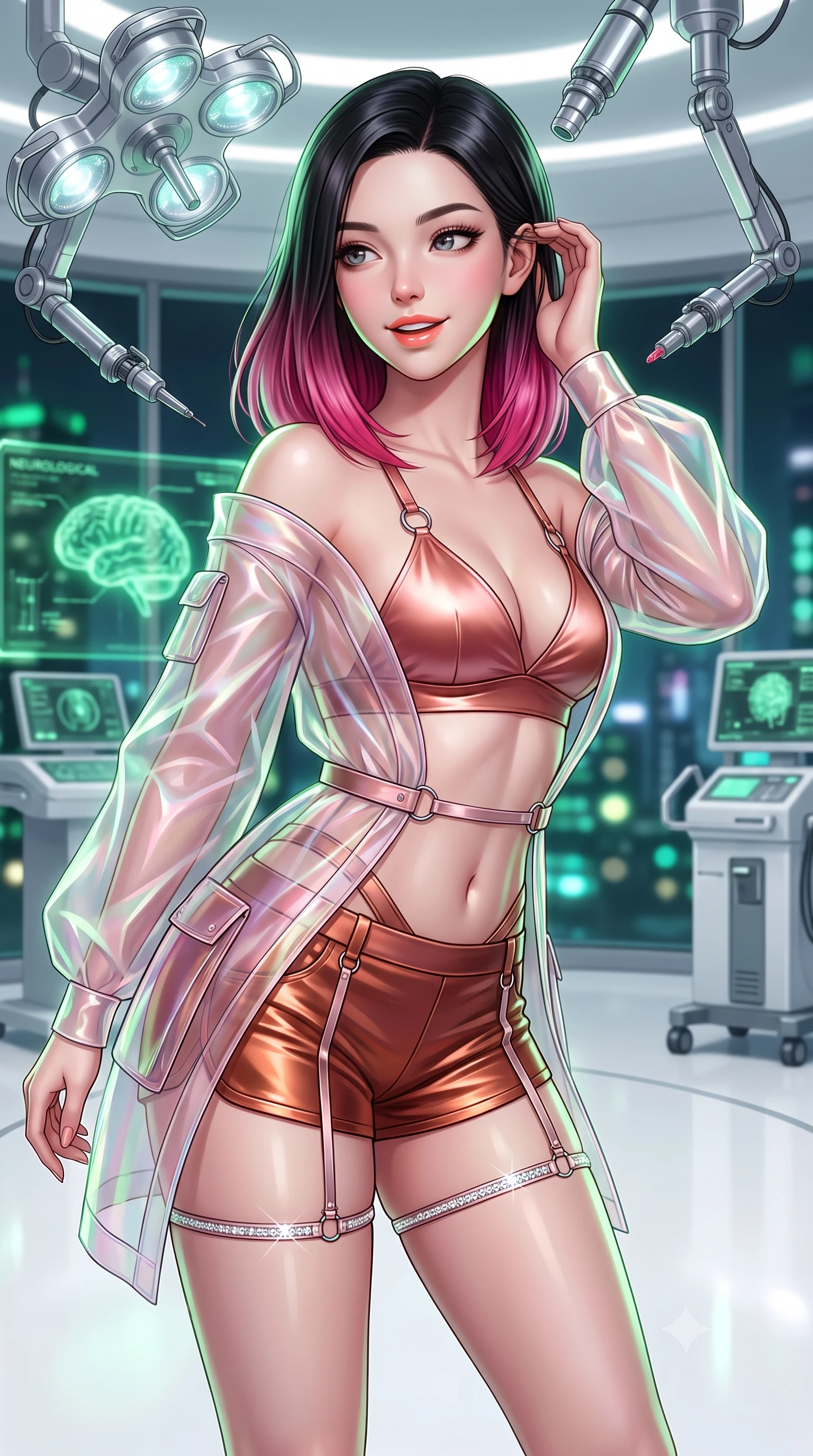 score_9, masterpiece, best quality, ultra-detailed, high-budget anime keyframe, semi-realistic 3D game render, editorial fashion photography, tasteful artistic composition, Korean woman. close-up cowboy shot from the waist and thighs up, the character dominates the composition, filling the frame with her large presence. gently brushing a lock of hair behind her ear while casting a playful, flirtatious side-gaze with long eyelashes while standing poised on the seamless white resin floor of the high-end cyber-clinic, arching her lower back with sovereign diva presence as articulated surgical laser arms hover overhead. The background shows a soft-focus glowing green neurological holographic displays, articulated chrome surgical laser pods, and panoramic city lights through glass blurred into emerald, platinum, and cobalt bokeh. She has an exceptionally elegant, slender, and willowy female figure with an ultra-slim waist, flat toned midriff, narrow ribcage, and sculpted feminine hips creating an alluring, slim hourglass silhouette without bulk. sharp v-shaped jawline, high-bridge nose, intricate jewel-like sparkling eyes with depth, thick eyelashes, glossy parted lips with a natural peach sheen, bright cheerful beaming smile with an enchanting and coquettish sensual glint, exuding both youthful cute charm and seductive allure, flawlessly proportioned anatomical accuracy, strict slender model proportions, natural body alignment, perfectly sculpted long slender limbs, ultra-slim waistline, clean dynamic posture without body distortion. wearing a translucent iridescent organza tactical robe slipping off bare shoulders over a matching satin micro-bralette and combat shorts in high-gloss rose-gold and burnished copper, adorned with delicate chrome ring hardware and cutouts along her slender waist, finished with delicate crystal-encrusted thigh garter straps glinting in the dim light, the impeccably tailored cut draping gracefully along her slender figure with aristocratic poise. illuminated by white floor reflection bounce and sharp platinum-green rim lights defining her jawline, narrow waist, and curvy hips. highly saturated vibrant anime colors, detailed shading with soft gradients, rich glossy textures, high-contrast stereoscopic depth, volumetric dynamic lighting, master piece, 9:16 ratio