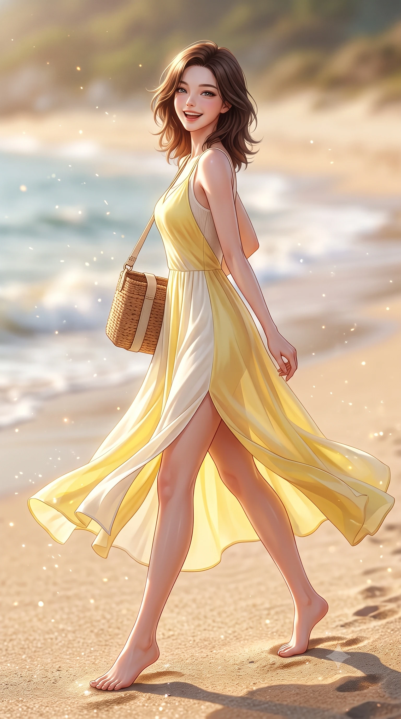 score_9, masterpiece, best quality, ultra-detailed, high-budget anime keyframe, semi-realistic 3D game render, editorial fashion photography, tasteful artistic composition, Korean woman. low angle full-body shot from head to toe showing her feet, filling the entire 9:16 vertical frame with her statuesque presence, stretching her vertical silhouette. stepping forward gracefully in mid-motion with a delighted cute laugh, displaying her tall slender model proportions while turning playfully as salty sea breezes flutter her dress hem and hair, exuding pure refreshing youthfulness. The composition keeps background elements in soft focus with creamy bokeh. warm beach sunlight refracting off ocean spray mist scattering shimmering light motes. She has an absolutely perfect, statuesque 8.5-heads proportion, an exceptionally tall and slender model-like female figure with impossibly long slender legs, a toned flat midriff, and an ultra-slim waist. sharp v-shaped jawline, high-bridge nose, intricate jewel-like eyes with depth, thick eyelashes, glossy lips with a natural sheen, pure and lovely fresh girlhood expression, flawlessly proportioned anatomical accuracy, strict slender model proportions, natural body alignment, perfectly sculpted long slender limbs, ultra-slim waistline, clean dynamic posture without body distortion. wearing a flowy silk-chiffon maxi dress with a gentle side slit and fluttering hemline in fresh buttercup yellow and clean cream white, made of fine lightweight chiffon with a soft fluid drape, accessorized with a rustic woven wicker bag and canvas strap, the body-hugging lightweight knit clinging delicately to her slender torso, accentuating her graceful neck and feminine lines. illuminated by crisp directional daylight defining her flawless features and slender silhouette. highly saturated vibrant anime colors, detailed shading with soft gradients, rich glossy textures, high-contrast stereoscopic depth, volumetric dynamic lighting, master piece, 9:16 ratio