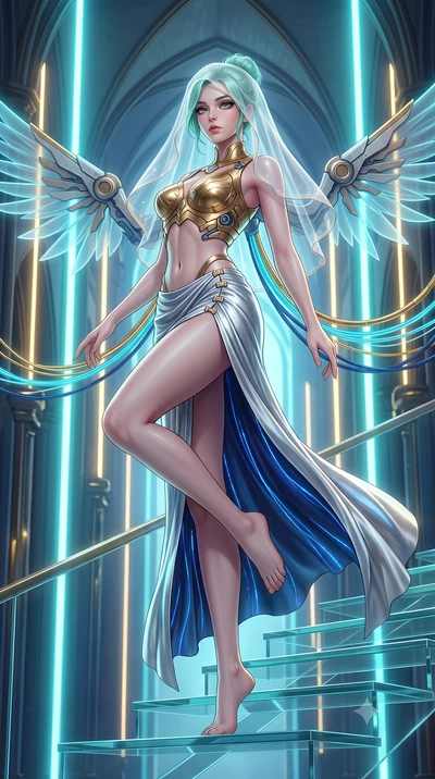 score_9, masterpiece, best quality, ultra-detailed, high-budget anime keyframe, semi-realistic 3D game render, editorial fashion photography, tasteful artistic composition, Japanese woman. low angle full-body shot from head to toe showing her feet, f