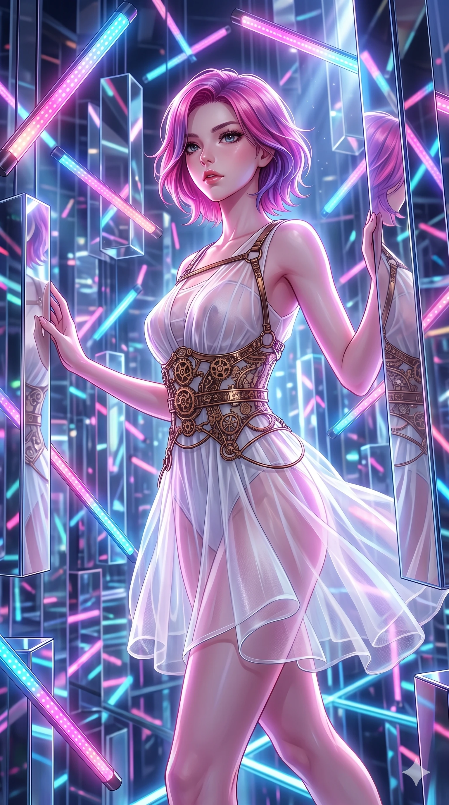 score_9, masterpiece, best quality, ultra-detailed, high-budget anime keyframe, Japanese woman. upper body close-up from the thighs up, character filling the screen for maximum presence. navigating a kinetic light-sculpture mirror maze, passing between floating chromium mirror pillars and rotating LED sticks. She has an absolutely perfect 8-heads proportion, an exceptionally tall and slender female figure with impossibly long slender legs and an ultra-slim waist. V-shaped jawline, high-bridge nose, intricate jewel-like eyes with depth, thick eyelashes, glossy lips with a natural sheen.. wearing a chrono-gear wire harness couture, featuring micro-bronze gear wire harness cinching her waist, over a sheer white organza dress. bathed in brilliant cinematic volumetric lighting and intense neon rim light highlighting her slender form. 2k, ultra detail, master piece, 9:16 ratio