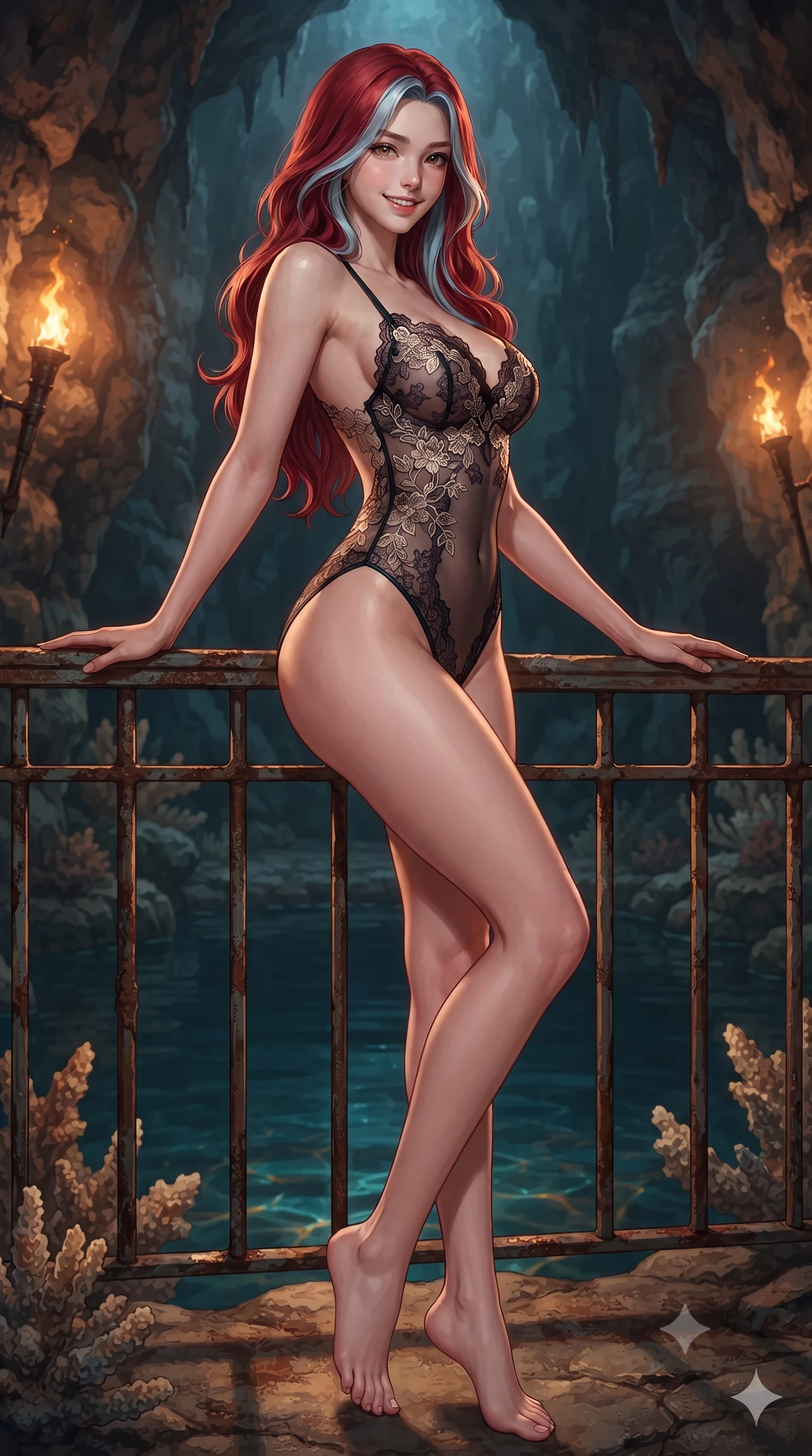 score_9, masterpiece, best quality, ultra-detailed, high-budget anime keyframe, editorial fashion photography, tasteful artistic composition, Caucasian woman. low angle full-body shot from head to toe showing her feet, filling the entire 9:16 vertical frame with her statuesque presence, stretching her vertical silhouette. leaning deep against the balcony balustrade with hips cocked back in an unapologetically alluring high-fashion stance, casting an intoxicating glance while twisting her slender torso in an alluring contrapposto stance beside the candlelit stone bench, warm amber torchlight tracing her narrow waist and curvy hips. The surrounding environment is rendered in vivid detail and crisp panoramic clarity: sharp fossilized coral stone textures, rough limestone wall strata, and crystal-clear warm water surface caustics in deep focus. She has an exceptionally tall and slender model-like 8.5-heads proportion, an ultra-slim waist, a flat toned midriff, narrow delicate ribcage, and beautifully sculpted feminine hips creating a graceful, slim hourglass silhouette without any bulky heaviness, with impossibly long slender legs. sharp v-shaped jawline, high-bridge nose, intricate jewel-like sparkling eyes with depth, thick eyelashes, glossy parted lips with a natural peach sheen, bright cheerful beaming smile with an enchanting and coquettish sensual glint, exuding both youthful cute charm and seductive allure, flawlessly proportioned anatomical accuracy, strict slender model proportions, natural body alignment, perfectly sculpted long slender limbs, ultra-slim waistline, clean dynamic posture without body distortion. wearing an alluring backless sheer lace leotard with high-cut leg openings and delicate floral embroidery framing her spine in deep midnight obsidian black and champagne gold, woven from buttery-soft stretch lambskin leather adhering to her body like a second skin, finished with scalloped eyelash lace trim framing her sweetheart neckline with intimate elegance, the high-slit wrap tailoring accentuating her ultra-slim waistline and the enchanting curve of her feminine hips with alluring seductive charm. illuminated by cave water reflection bounce and sharp honey-gold rim lights defining her razor-sharp jawline, narrow waist, and curvy hips. ultra-reflective glossy finish, specular highlights, rich textural contrasts, high-contrast stereoscopic depth, volumetric dynamic lighting, 2k, ultra detail, master piece, 9:16 ratio