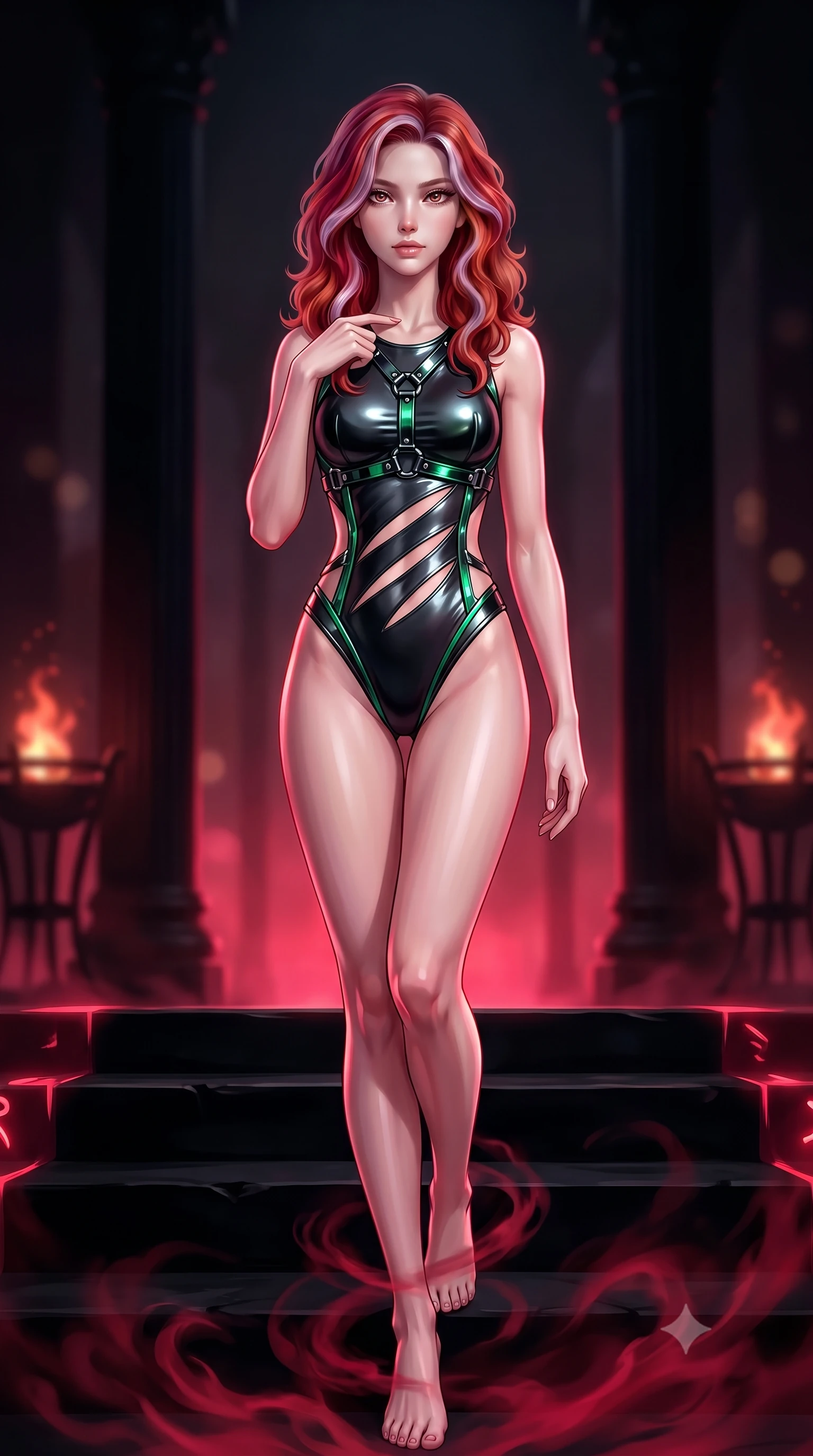 score_9, masterpiece, best quality, ultra-detailed, high-budget anime keyframe, semi-realistic 3D game render, editorial fashion photography, tasteful artistic composition, Caucasian woman. close-up cowboy shot from the waist and thighs up, the character dominates the composition, filling the frame with her large presence. leaning forward with a dangerous, enticing smolder, trailing one finger slowly along her bare collarbone while casting a fiery, magnetic direct gaze while standing with sovereign authority atop black stone dais steps as swirling crimson mist coils around her slender ankles. The composition keeps background elements in soft focus with creamy bokeh. monolithic obsidian columns and distant iron braziers softened in heavy atmospheric darkness. She has an exceptionally elegant, slender, and willowy female figure with an ultra-slim waist, a gracefully sculpted slender torso, toned flat midriff, and a refined slim silhouette. sharp v-shaped jawline, high-bridge nose, intricate jewel-like eyes with depth, thick eyelashes, glossy lips with a natural sheen, flawlessly proportioned anatomical accuracy, strict slender model proportions, natural body alignment, perfectly sculpted long slender limbs, ultra-slim waistline, clean dynamic posture without body distortion. wearing a skin-tight cyber-noir tech bodysuit featuring diagonal slitted cutouts on the midriff, a high-cut leg line, and a metallic chrome harness in high-gloss lacquer black and electric emerald highlights, made of liquid metal jersey that clings flawlessly to every contour of her build, complemented by criss-cross back straps highlighting her completely bare spine, the liquid-tight tailored fabric emphasizing every curve of her tall, slender model proportions and sculptured silhouette during dynamic movement. bathed in glowing crimson rune uplights and deep obsidian shadow contrast. rich saturated anime colors with deep moody shadows, detailed chiaroscuro shading with soft gradients, rich glossy textures, high-contrast stereoscopic depth, volumetric dynamic shadow lighting, master piece, 9:16 ratio