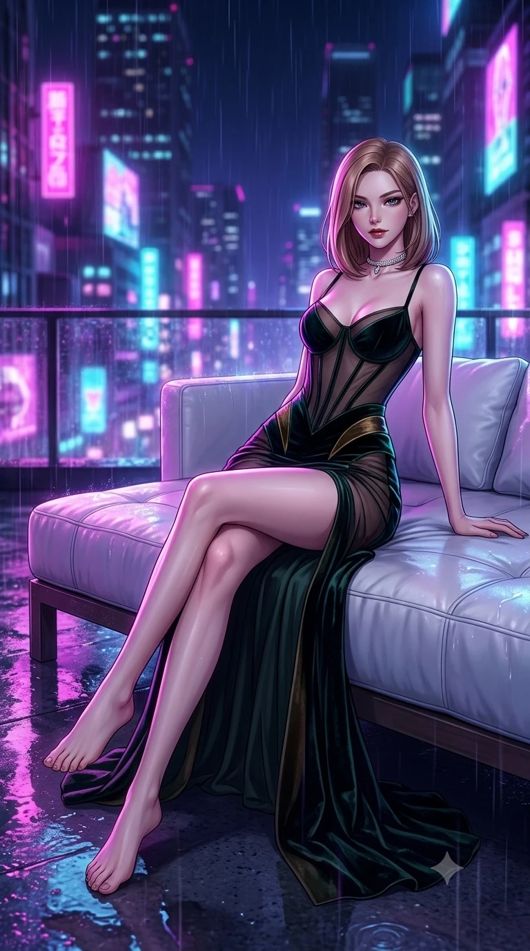 score_9, masterpiece, best quality, ultra-detailed, high-budget anime keyframe, semi-realistic 3D game render, editorial fashion photography, tasteful artistic composition, Korean woman. low angle full-body shot from head to toe showing her feet, filling the entire 9:16 vertical frame with her statuesque presence, stretching her vertical silhouette. reclining gracefully on an oversized white leather daybed under the open midnight sky, her long slender legs and hourglass curves commanding the frame while twisting her slender torso in an alluring contrapposto stance, rain-slicked concrete reflecting neon magenta and cyan across her curves. The background shows a soft-focus towering Shinjuku skyscraper canyons, holographic neon billboards, and endless rain haze blurred into electric magenta, cyan, and deep purple bokeh. She has an exceptionally tall and slender model-like 8.5-heads proportion, an ultra-slim waist, a flat toned midriff, narrow delicate ribcage, and beautifully sculpted feminine hips creating a graceful, slim hourglass silhouette without any bulky heaviness, with impossibly long slender legs. sharp v-shaped jawline, high-bridge nose, intricate jewel-like dark sparkling eyes with dangerous depth, thick curled eyelashes, glossy parted lips with a rich wine sheen, smoldering seductive half-smile with bedroom-eyes, exuding effortless superiority and intoxicating dark allure, flawlessly proportioned anatomical accuracy, strict slender model proportions, natural body alignment, perfectly sculpted long slender limbs, ultra-slim waistline, clean dynamic posture without body distortion. wearing a sheer-illusion mesh corset gown with strategic opaque velvet panels framing her waist and hips in dark emerald green and brushed antique bronze, tailored from crushed dark velvet with deep light-absorbing plush texture, finished with a delicate diamond choker catching the chandelier light, the impeccably tailored cut draping gracefully along her slender figure with aristocratic noir poise. illuminated by wet tarmac puddle bounce and sharp ultraviolet rim lights sculpting her razor-sharp jawline, narrow waist, and curvy hips. highly saturated vibrant anime colors, detailed shading with soft gradients, rich glossy textures, high-contrast stereoscopic depth, volumetric dynamic lighting, master piece, 9:16 ratio