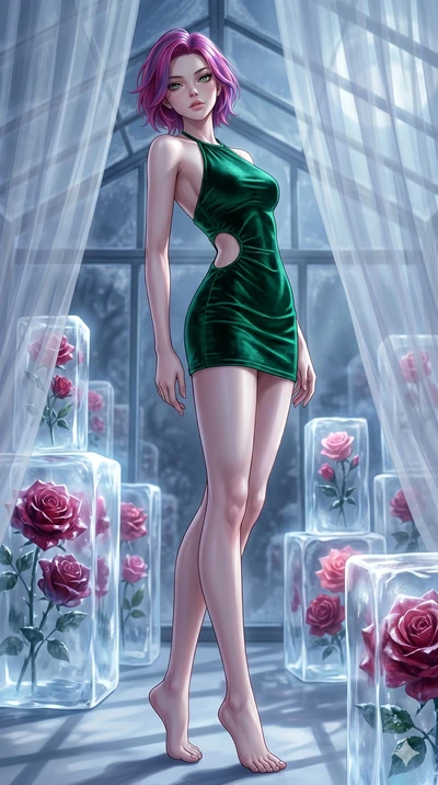 score_9, masterpiece, best quality, ultra-detailed, high-budget anime keyframe, editorial fashion photography, tasteful artistic composition, Caucasian woman, strictly human ears. low angle full-body shot from head to toe showing her feet, filling th