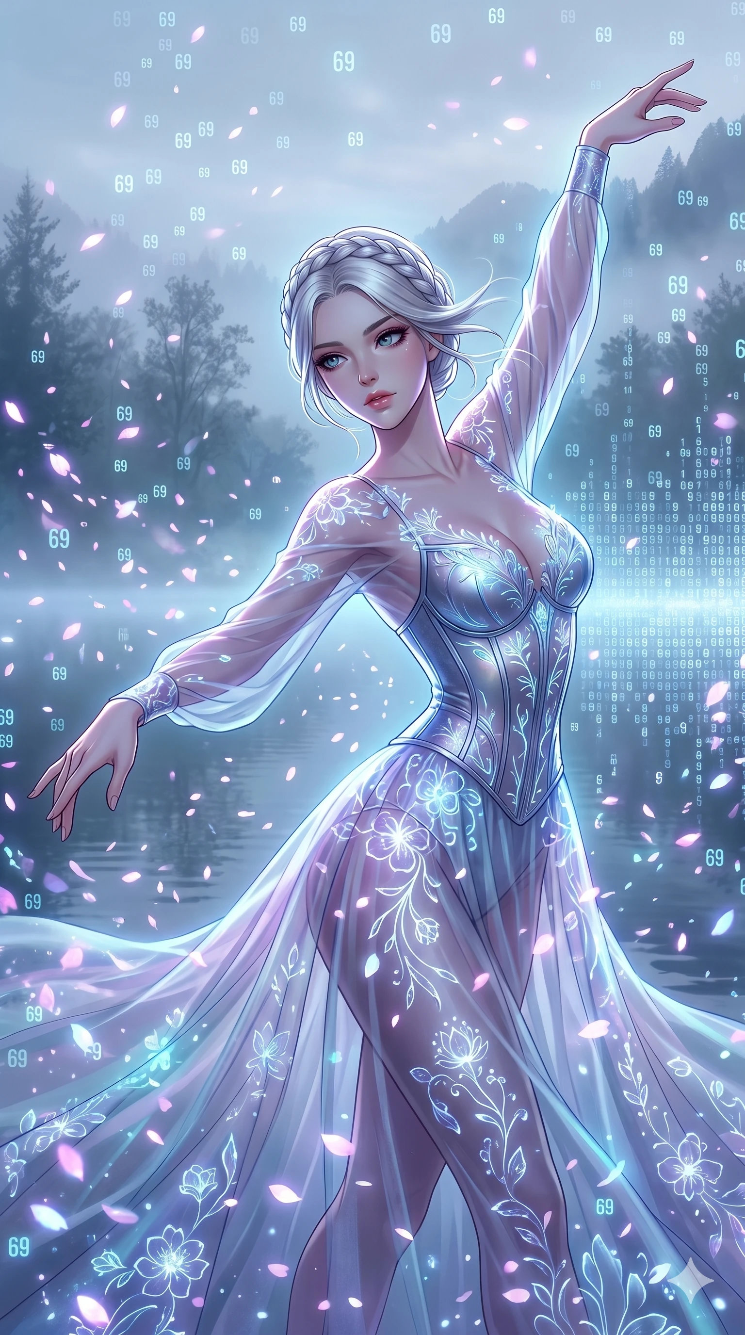 score_9, masterpiece, best quality, ultra-detailed, Set A: High-budget Anime Keyframe, Korean woman. Upper body close-up from the thighs up, character filling the screen for maximum presence. Dancing through a misty lakeside at dawn, while a digital blizzard of 69 bits obscures the horizon and surrounded by digital sakura petals. She has an absolutely perfect 8-heads proportion, an exceptionally tall and slender female figure with impossibly long slender legs and an ultra-slim waist. Sharp v-shaped jawline, high-bridge nose, intricate jewel-like eyes with depth, thick eyelashes, glossy lips with a natural sheen. Wearing Sheer chiffon gown with a metallic corset and bioluminescent floral patterns. Cinematic lighting, vibrant colors, dramatic shadows, 2k, ultra detail, master piece, 9:16 ratio