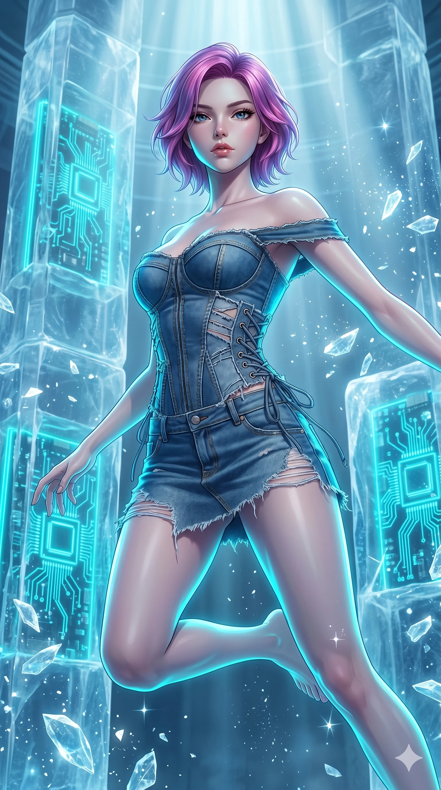 score_9, masterpiece, best quality, ultra-detailed, high-budget anime keyframe, Japanese woman. upper body close-up from the thighs up, character filling the screen for maximum presence. leaping inside a sub-zero cybernetic ice temple, where glowing neon cyan computer circuit boards are frozen within transparent ice pillars, fracturing ice crystals into sparkles around her. She has an absolutely perfect 8-heads proportion, an exceptionally tall and slender female figure with impossibly long slender legs and an ultra-slim waist. V-shaped jawline, high-bridge nose, intricate jewel-like eyes with depth, thick eyelashes, glossy lips with a natural sheen.. wearing a deconstructed denim corset and an asymmetric ripped denim micro-skirt, showcasing a rugged yet chic off-shoulder style. bathed in brilliant cinematic volumetric lighting and intense neon rim light highlighting her slender form. 2k, ultra detail, master piece, 9:16 ratio