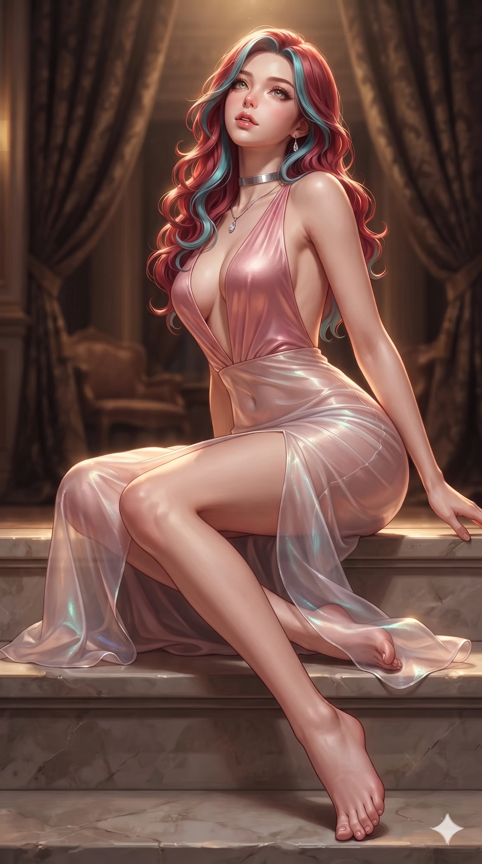 score_9, masterpiece, best quality, ultra-detailed, high-budget anime keyframe, semi-realistic 3D game render, editorial fashion photography, tasteful artistic composition, Caucasian woman. low angle full-body shot from head to toe showing her feet, filling the entire 9:16 vertical frame with her statuesque presence, stretching her vertical silhouette. sitting poised on the stone steps with one knee bent, arching her spine with supermodel elegance as she glances upward through thick eyelashes while twisting her slender torso in an alluring S-curve beside heavy damask portieres, warm golden ambient light tracing her flat midriff and hourglass curves. The composition keeps background elements in soft focus with creamy bokeh: velvet-draped royal box ambience softened in private opera loge shallow focus. She has an exceptionally tall and slender model-like 8.5-heads proportion, an ultra-slim waist, a flat toned midriff, narrow delicate ribcage, and beautifully sculpted feminine hips creating a graceful, slim hourglass silhouette without any bulky heaviness, with impossibly long slender legs. sharp v-shaped jawline, high-bridge nose, intricate jewel-like eyes with depth, thick eyelashes, glossy parted lips with a natural sheen, intensely captivating and seductive bedroom-eyes expression, flawlessly proportioned anatomical accuracy, strict slender model proportions, natural body alignment, perfectly sculpted long slender limbs, ultra-slim waistline, clean dynamic posture without body distortion. wearing a liquid-silk jersey evening gown with an ultra-deep plunging open back descending to the base of her spine and a sculpted hip-hugging skirt in prismatic rose-quartz and alien peach, crafted from translucent silk organza with an ethereal crystalline sheen, finished with a minimalist chrome choker and a single teardrop diamond pendant, the form-contouring silhouette accentuating her sculpted flat midriff, narrow delicate ribcage, and gracefully curvy hips with intoxicating allure. illuminated by gilded wood reflection bounce and sharp starlight-gold rim lights defining her jawline, narrow waist, and curvy hips. highly saturated vibrant anime colors, detailed shading with soft gradients, rich glossy textures, high-contrast stereoscopic depth, volumetric dynamic lighting, master piece, 9:16 ratio