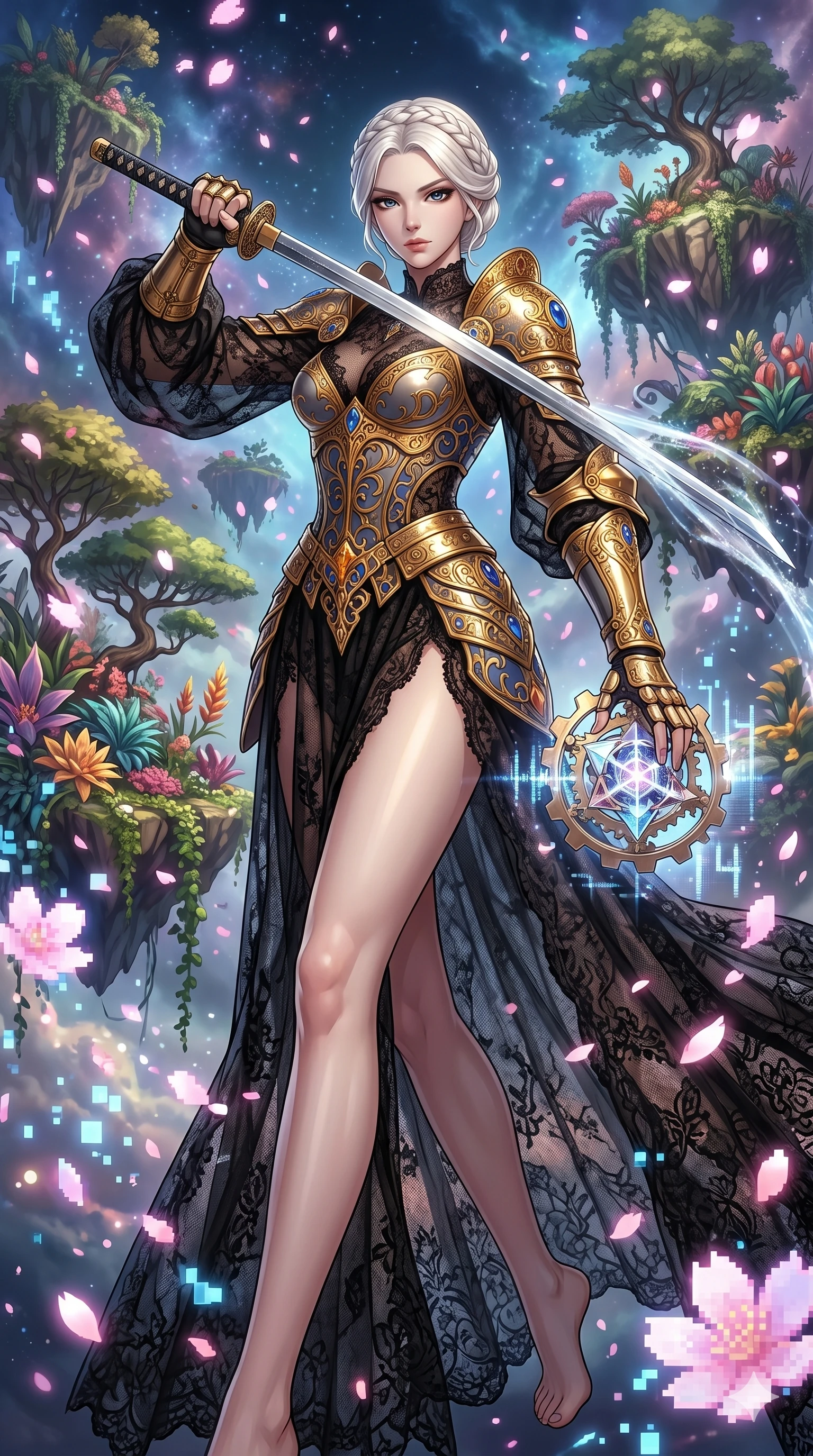 score_9, masterpiece, best quality, ultra-detailed, Set A: High-budget Anime Keyframe, Japanese woman. Low angle cowboy shot filling the entire 9:16 frame with her statuesque presence. Drawing a blade through a floating botanical garden, holding a relic that pulses with the frequency 14 and surrounded by digital sakura petals. She has an absolutely perfect 8-heads proportion, an exceptionally tall and slender female figure with impossibly long slender legs and an ultra-slim waist. Sharp v-shaped jawline, high-bridge nose, intricate jewel-like eyes with depth, thick eyelashes, glossy lips with a natural sheen. Wearing Ornate gold plate armor over a sheer black lace gown with a high-slit. Cinematic lighting, vibrant colors, dramatic shadows, 2k, ultra detail, master piece, 9:16 ratio
