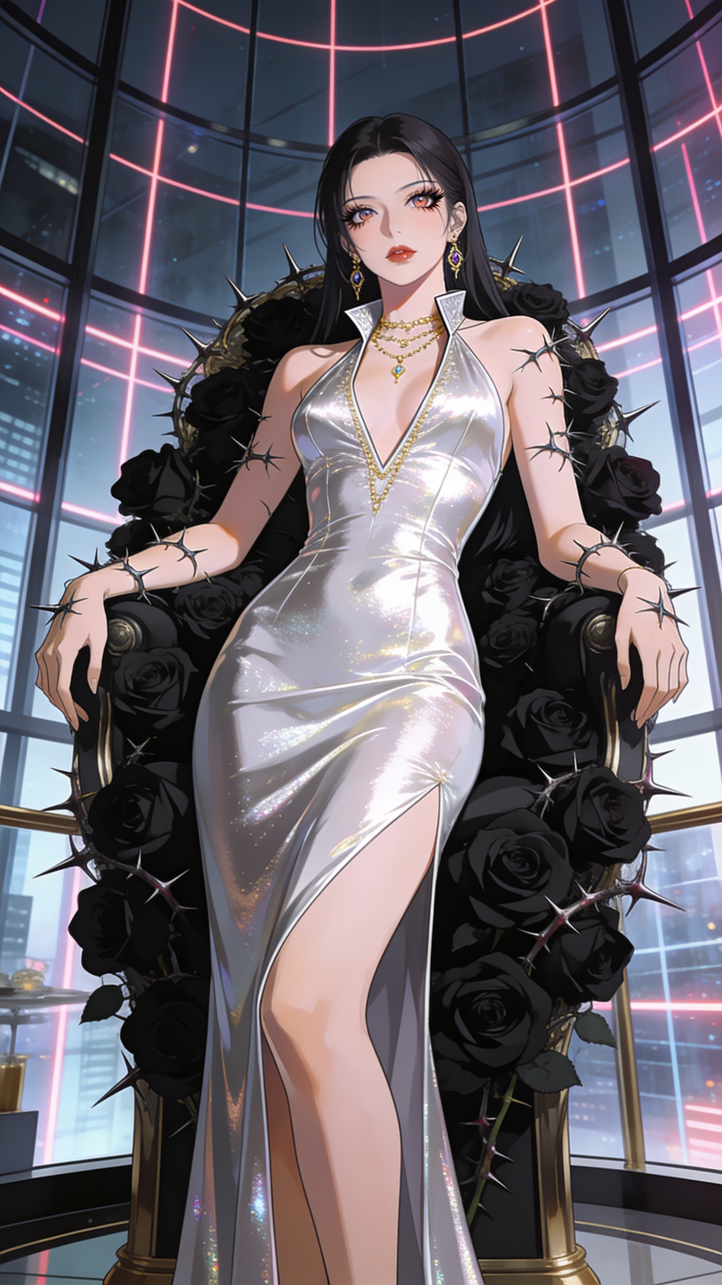 score_9, masterpiece, best quality, ultra-detailed, High-budget Anime Keyframe, East Asian woman. Low angle cowboy shot filling the entire 9:16 frame with her statuesque presence. Scenario 478: resting on a throne of black roses, thorns grazing her skin, in a luxury penthouse with floor-to-ceiling glass walls overlooking a neon grid. Her presence is magnetic and overpowering in this high-budget anime scene. Outfit 478: a body-hugging liquid silver shimmering chiffon slip dress featuring an elegant plunging collar and fine gold chains. The clothing is designed to emphasize her exceptionally tall and slender 8-heads proportion. 8-heads proportion, towering silhouette, ultra-slim waist. sharp v-shaped jawline, intricate jewel-like eyes with depth, thick eyelashes, glossy lips. 2k, ultra detail, master piece, 9:16 ratio