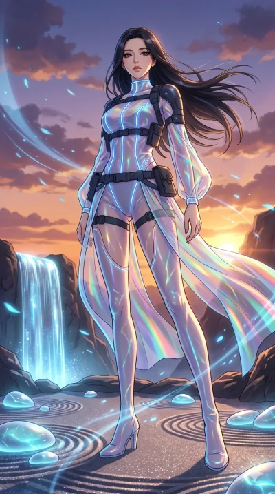 score_9, masterpiece, best quality, ultra-detailed, High-budget Anime Keyframe, vibrant colors, fluid line-art, expressive lighting, cinematic composition, Ufotable-style visual effects, top-tier animation quality, Korean woman with idol-like refined