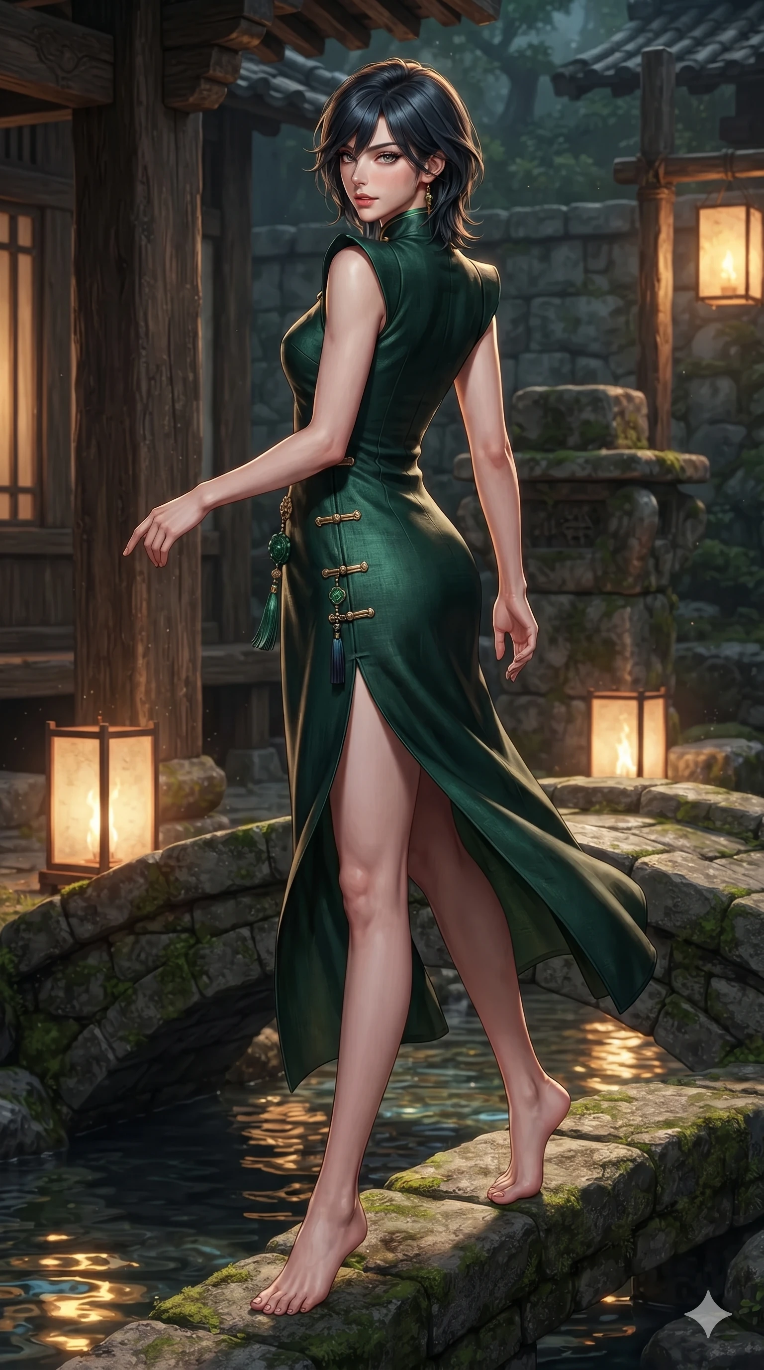 score_9, masterpiece, best quality, ultra-detailed, high-budget anime keyframe, editorial fashion photography, tasteful artistic composition, Caucasian woman. low angle full-body shot from head to toe showing her feet, filling the entire 9:16 vertical frame with her statuesque presence, stretching her vertical silhouette. executing a slow, graceful pivot turn as her silk wrap skirt sways around her slender legs, glancing back with an enchanting, teasing sensual expression while stepping gracefully over the arched stone crest, glancing back over a bare shoulder with an irresistible smoldering bedroom-gaze. The surrounding environment is rendered in vivid detail and crisp panoramic clarity: sharp chiseled granite stone block textures, crystal clear running water ripples, and paper lantern flame clarity in deep focus. She has an absolutely perfect, statuesque 8.5-heads proportion, an exceptionally tall and slender model-like female figure with impossibly long slender legs, an ultra-slim waist, a flat toned midriff, narrow delicate ribcage, and beautifully sculpted feminine hips creating a graceful, slim hourglass silhouette without any bulky heaviness. sharp v-shaped jawline, high-bridge nose, sparkling eyes with hypnotic seductive depth, thick curled eyelashes, glossy parted lips with a natural dewy peach sheen, alluring bedroom-eyes with an enchanting coquettish smile, exuding magnetic siren charisma and sophisticated glamour, flawlessly proportioned anatomical accuracy, strict slender model proportions, natural body alignment, perfectly sculpted long slender limbs, ultra-slim waistline, clean dynamic posture without body distortion. wearing a refined high-collar fusion qipao evening column gown with structured shoulders and modest jade toggle clasps in dark emerald forest and brushed antique gold, woven from bespoke Korean ramie fabric with crisp tactile slub texture, finished with authentic carved jade pendants and traditional norigae knots, the bespoke structured tailoring following the natural line of her 8.5-heads silhouette with refined elegance. illuminated by stream water bounce and sharp golden-amber rim lights sculpting her razor-sharp jawline, narrow waist, and curvy hips. ultra-reflective glossy finish, specular highlights, rich textural contrasts, high-contrast stereoscopic depth, volumetric dynamic lighting, 2k, ultra detail, master piece, 9:16 ratio
