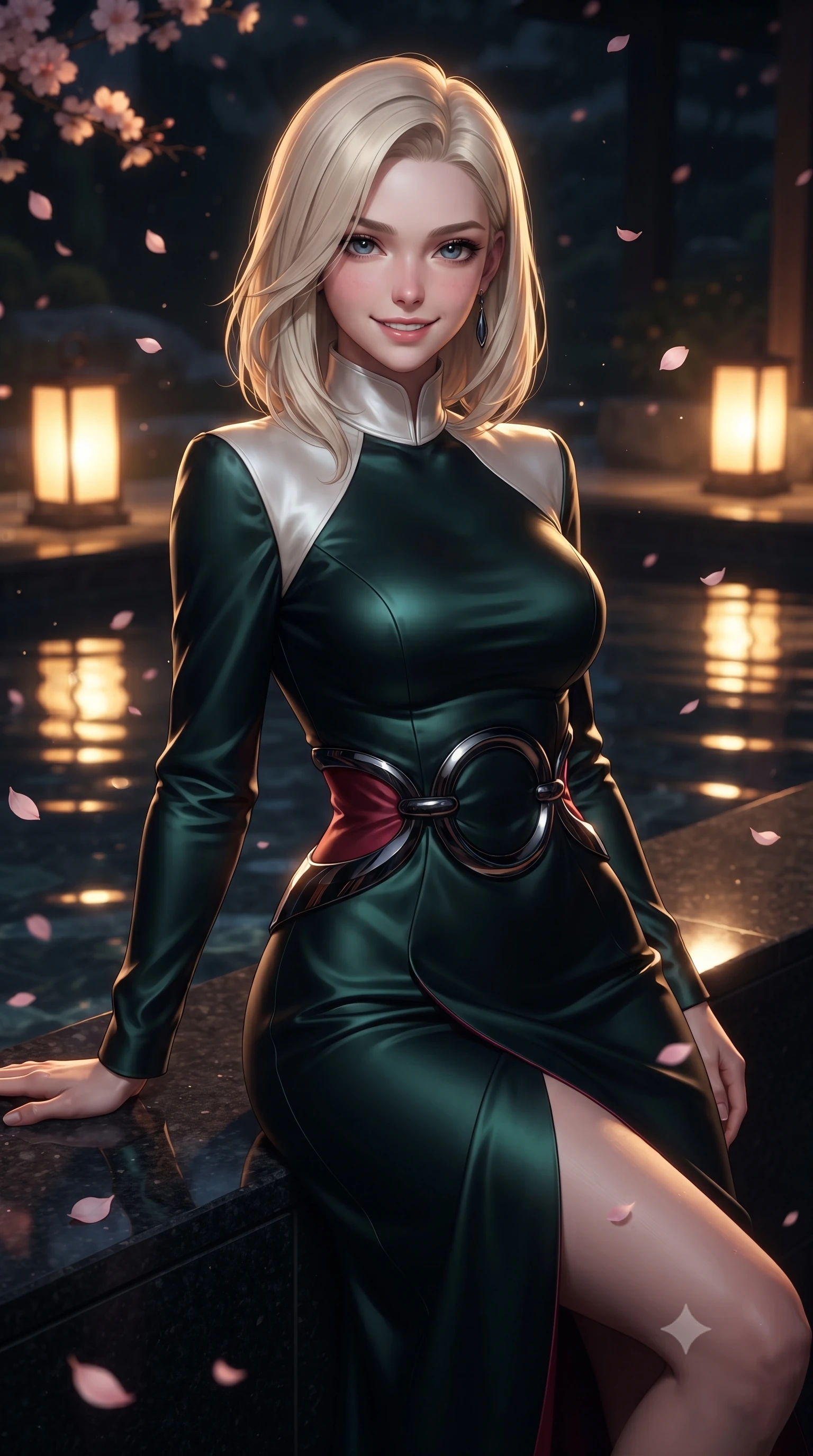 score_9, masterpiece, best quality, ultra-detailed, high-budget anime keyframe, editorial fashion photography, tasteful artistic composition, Caucasian woman. close-up cowboy shot from the waist and thighs up, the character dominates the composition, filling the frame with her large presence, background elements kept in soft focus. Smiling with quiet, magnetic self-assurance directly into the camera, resting against a smooth black granite pool ledge under falling cherry blossom petals, warm amber lantern light casting glowing gold highlights across the dark pool. She has an exceptionally elegant, slender, and willowy female figure with an ultra-slim waist, a gracefully sculpted slender torso, and a refined silhouette. sharp v-shaped jawline, high-bridge nose, intricate jewel-like eyes with depth, thick eyelashes, glossy lips with a natural sheen. wearing long-sleeved dark emerald satin gown with high structured collar in pearl white, made of soft crimson satin, accented with sculpted obsidian chrome rings at the waist, sculpting her athletic slender build with refined precision. surrounded by a moody nocturnal spa glow with sharp water specular glints. ultra-reflective glossy finish, specular highlights, metallic sheen, high-contrast stereoscopic depth, volumetric dynamic lighting, 2k, ultra detail, master piece, 9:16 ratio