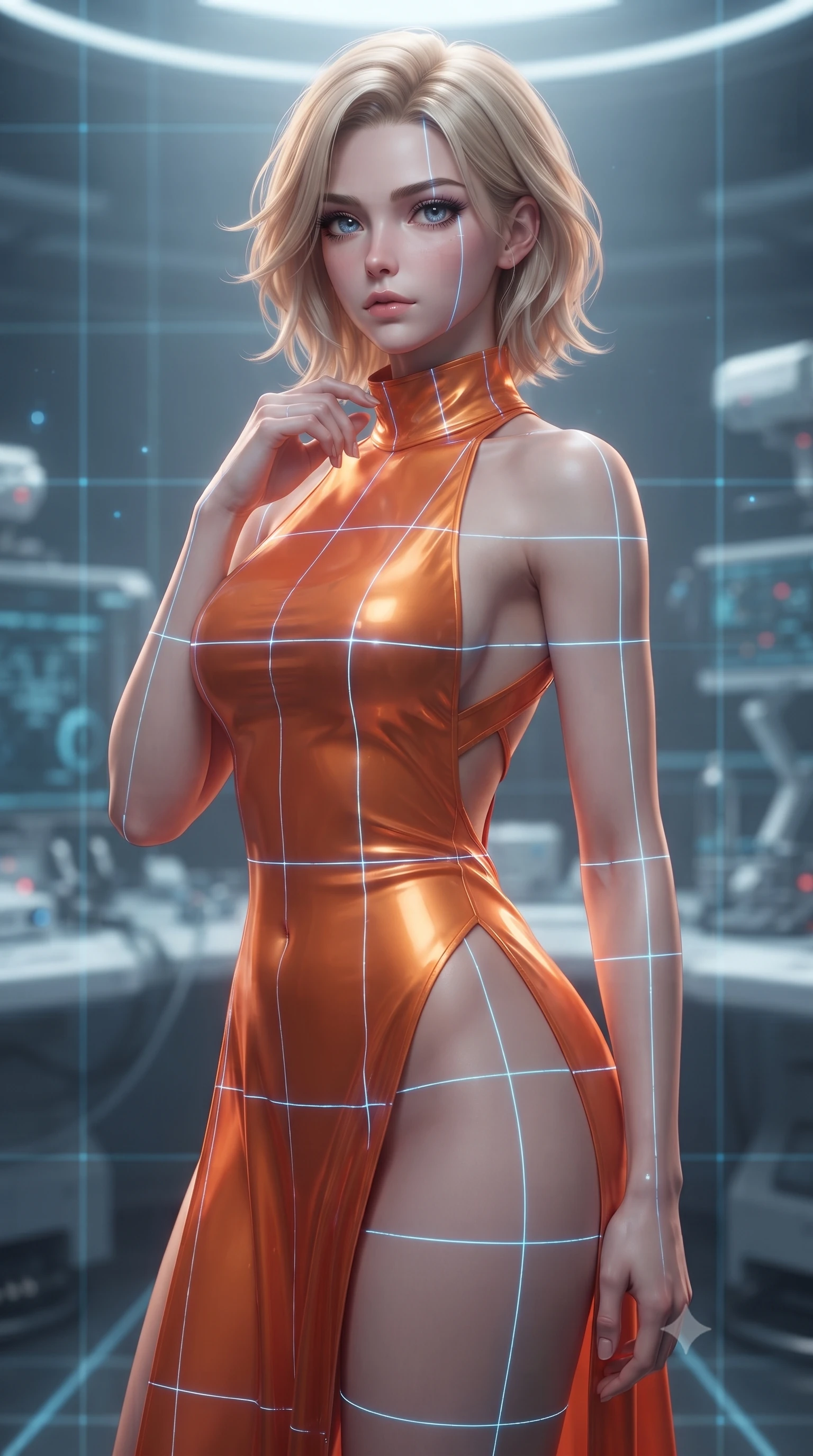 score_9, masterpiece, best quality, ultra-detailed, high-budget anime keyframe, editorial fashion photography, tasteful artistic composition, Caucasian woman. close-up cowboy shot from the waist and thighs up, the character dominates the composition, filling the frame with her large presence, background elements kept in soft focus. adjusting the high collar of her body-hugging suit, looking past the camera with quiet, sharp focus and a composed expression, the background shows a soft-focus a glass bridge calibration bay inside a laboratory with laser grids. She has an exceptionally elegant, slender, and willowy female figure with an ultra-slim waist, a gracefully sculpted slender torso, and a refined silhouette. sharp v-shaped jawline, high-bridge nose, intricate jewel-like eyes with depth, thick eyelashes, glossy lips with a natural sheen. wearing a form-contouring high-slit space combat gown in sunset orange chiffon, featuring a daring thigh-slit and an open-back design. focused blue laser lines tracing her form with precision, casting gridlines. ultra-reflective glossy finish, specular highlights, metallic sheen, high-contrast stereoscopic depth, volumetric dynamic lighting, 2k, ultra detail, master piece, 9:16 ratio