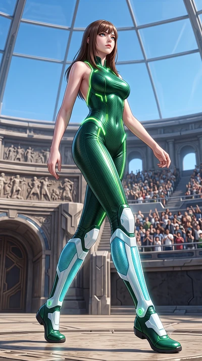 score_9, masterpiece, best quality, ultra-detailed, high-budget anime keyframe, semi-realistic 3D game render, editorial fashion photography, tasteful artistic composition, Korean woman. low angle full-body shot from head to toe showing her feet, fil