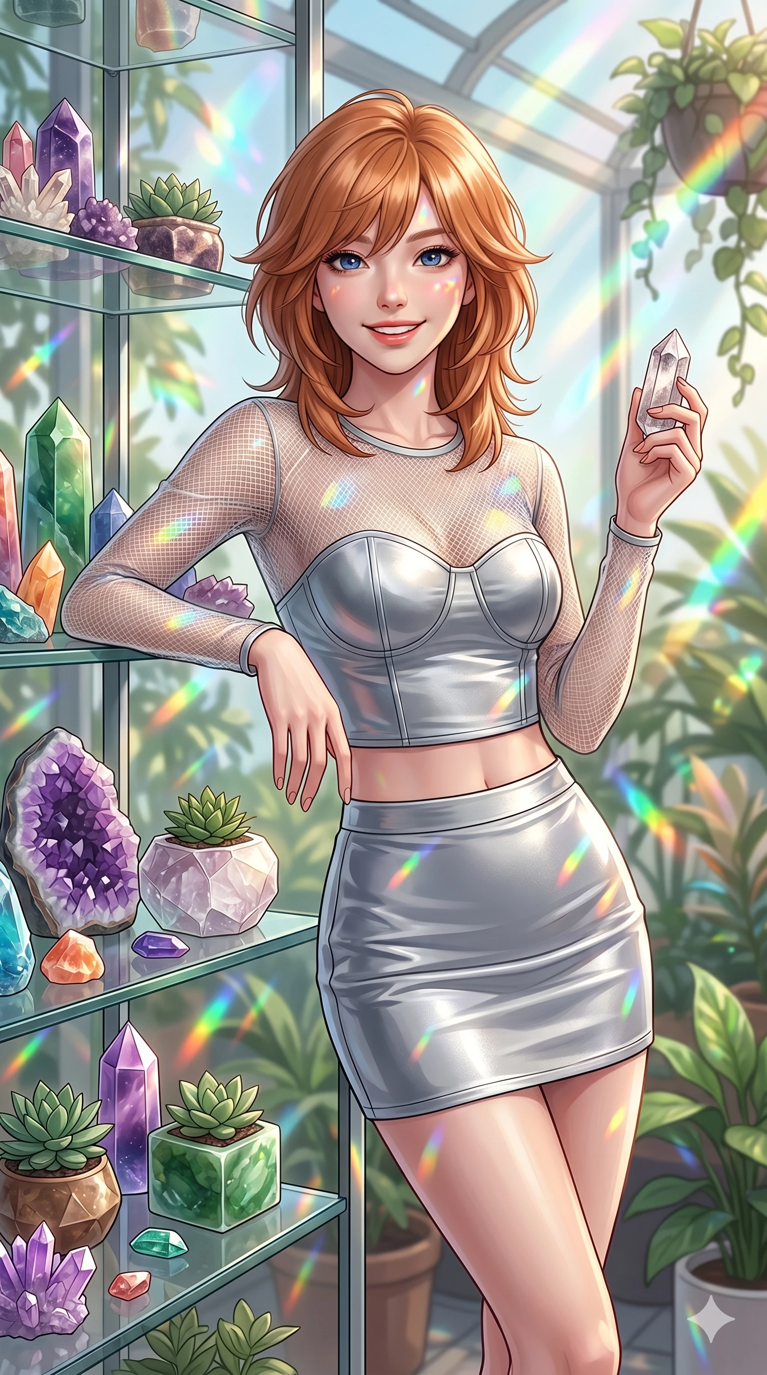 score_9, masterpiece, best quality, ultra-detailed, high-budget anime keyframe, editorial fashion photography, tasteful artistic composition, Korean woman. cowboy shot from the thighs up, character and outfit filling the frame for maximum editorial presence. holding a small quartz crystal, looking at the lens with a bright, happy smile leaning against a glass shelf filled with colorful crystal planters in a sunroom. She has an absolutely perfect 8-heads proportion, an exceptionally tall and slender female figure with impossibly long slender legs and an ultra-slim waist. V-shaped jawline, high-bridge nose, intricate jewel-like eyes with depth, thick eyelashes, glossy lips with a natural sheen. wearing a sheer mesh crop top over a structured silver bodice and matching mini-skirt. bathed in beautiful rainbow prismatic light refracting through the crystal planters and glass shelves. 2k, ultra detail, master piece, 9:16 ratio