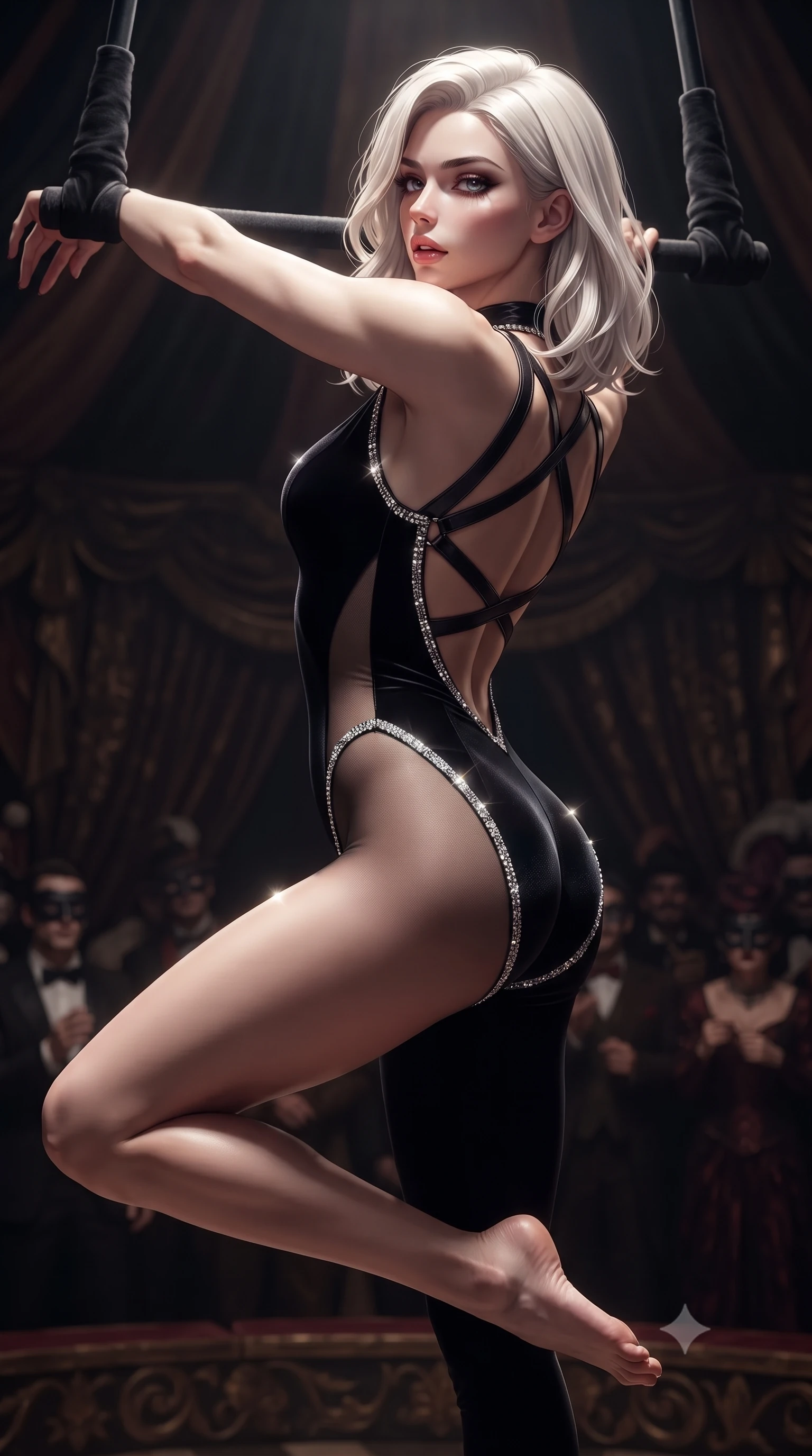 score_9, masterpiece, best quality, ultra-detailed, high-budget anime keyframe, editorial fashion photography, tasteful artistic composition, Caucasian woman. close-up cowboy shot from the waist and thighs up, the character dominates the composition, filling the frame with her large presence. twisting her slender torso in a deep contrapposto stance, hips dramatically shifted to accentuate her feminine curves while looking past her shoulder with smoldering bedroom-eyes while hanging suspended from an aerial velvet trapeze bar, arching her spine in a breathtaking dancer line with one leg extended as spotlights trace her curvy hips. The surrounding environment is rendered in vivid detail and crisp panoramic clarity. intense theatrical chiaroscuro and decadent dark carnival aesthetics rendered with precision. She has an exceptionally elegant, slender, and willowy female figure with an ultra-slim waist, a gracefully sculpted slender torso, toned flat midriff, and rounded feminine hips creating an alluring hourglass silhouette. sharp v-shaped jawline, high-bridge nose, intricate jewel-like eyes with depth, thick eyelashes, glossy parted lips with a natural sheen, intensely captivating and seductive bedroom-eyes expression, flawlessly proportioned anatomical accuracy, strict slender model proportions, natural body alignment, perfectly sculpted long slender limbs, ultra-slim waistline, clean dynamic posture without body distortion. wearing a plunging-V neckline circus trapeze unitard with sheer mesh side panels tracing the full curve of her hip in pitch-black velvet and glittering diamond crystal trim, made of flexible compression spandex sculpting her athletic hourglass lines, accented with criss-cross back harness straps in dark leather framing her bare spine, the dramatically scooped open back descending to the base of her spine, accentuating her razor-sharp statuesque lines and curvy hourglass silhouette. illuminated by crisp directional rim lighting sharply carving her razor-sharp jawline, narrow waist, and curvy hips. ultra-reflective glossy finish, specular highlights, rich textural contrasts, high-contrast stereoscopic depth, volumetric dynamic lighting, 2k, ultra detail, master piece, 9:16 ratio