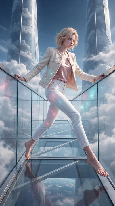 score_9, masterpiece, best quality, ultra-detailed, high-budget anime keyframe, editorial fashion photography, tasteful artistic composition, Caucasian woman, strictly human ears. low angle full-body shot from head to toe showing her feet, filling th
