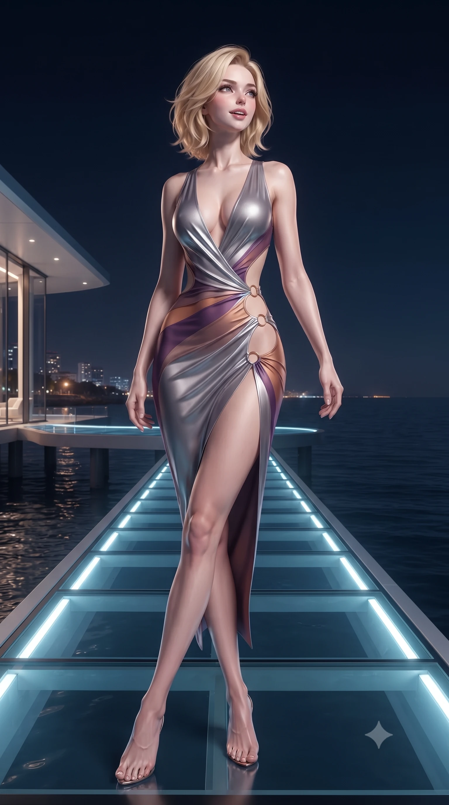 score_9, masterpiece, best quality, ultra-detailed, high-budget anime keyframe, editorial fashion photography, tasteful artistic composition, Caucasian woman. low angle full-body shot from head to toe showing her feet, filling the entire 9:16 vertical frame with her statuesque presence, stretching her vertical silhouette. sitting poised on the stone steps with one knee bent, arching her spine with supermodel elegance as she glances upward through thick eyelashes while walking poised along the illuminated glass pier suspended over the calm sea, arching her spine with supermodel rhythm as night settles. The surrounding environment is rendered in vivid detail and crisp panoramic clarity: detailed backless silk jumpsuit drape, hip cutout lines, and futuristic waterfront architecture in razor-sharp precision. She has an exceptionally tall and slender model-like 8.5-heads proportion, an ultra-slim waist, a flat toned midriff, narrow delicate ribcage, and beautifully sculpted feminine hips creating a graceful, slim hourglass silhouette without any bulky heaviness, with impossibly long slender legs. sharp v-shaped jawline, high-bridge nose, intricate jewel-like sparkling eyes with depth, thick eyelashes, glossy parted lips with a natural peach sheen, bright cheerful beaming smile with an enchanting and coquettish sensual glint, exuding both youthful cute charm and seductive allure, flawlessly proportioned anatomical accuracy, strict slender model proportions, natural body alignment, perfectly sculpted long slender limbs, ultra-slim waistline, clean dynamic posture without body distortion. wearing a liquid silver jersey plunge-neck bodycon dress with daring side cutouts tracing her dewy waist and hips in Mirage sunset amethyst purple and warm bronze, made of semi-opaque stretch illusion mesh with soft shadowy contours along her waist, finished with fine gold ring clasps securing the daring side openings along her hip line, the high-slit wrap tailoring accentuating her ultra-slim waistline and the enchanting curve of her feminine hips with alluring seductive charm. bathed in underwater pier LED illumination and warm landscape spotlights mixed with city ambient glow. ultra-reflective glossy finish, specular highlights, rich textural contrasts, high-contrast stereoscopic depth, volumetric dynamic lighting, 2k, ultra detail, master piece, 9:16 ratio