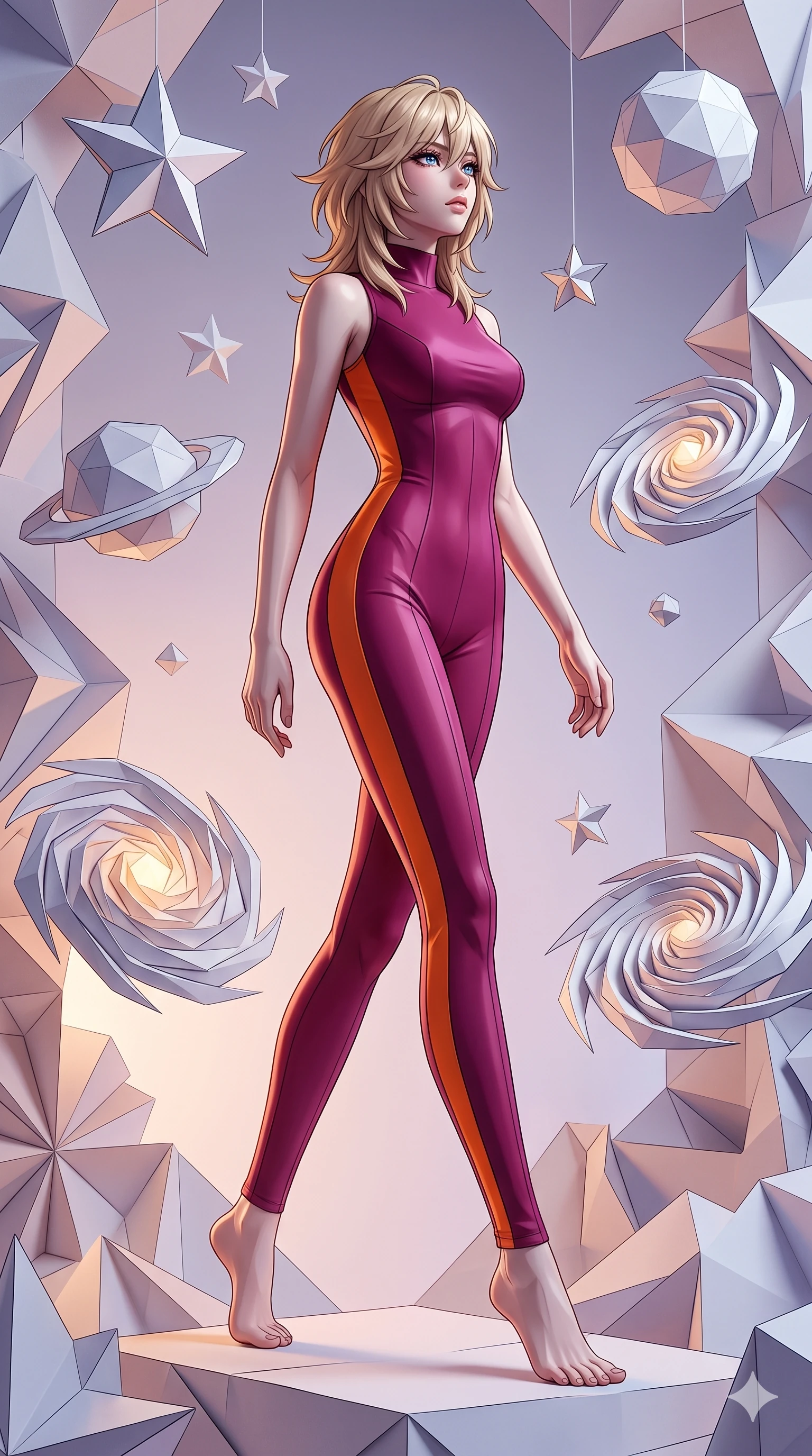 score_9, masterpiece, best quality, ultra-detailed, high-budget anime keyframe, editorial fashion photography, tasteful artistic composition, Japanese woman. low angle full-body shot from head to toe showing her feet, filling the entire 9:16 vertical frame with her statuesque presence, stretching her vertical silhouette. navigating with fluid motion through a dimension made entirely of folded paper where origami stars planets and spiral galaxies float in precise geometric formations with crisp paper folds catching light at every angle. She has a statuesque 8.5-heads proportion, an exceptionally tall, slender and willowy model-like build with impossibly long legs and a highly sculpted ultra-slim waist. sharp v-shaped jawline, high-bridge nose, intricate jewel-like eyes with depth, thick eyelashes, glossy lips with a natural sheen. wearing a sleek form-contouring jumpsuit in deep magenta with a high neckline, accented by bright tangerine orange side panels that highlight her slim torso. soft glowing ambient light with sharp side key light tracing the sleek contours of her figure. 2k, ultra detail, master piece, 9:16 ratio
