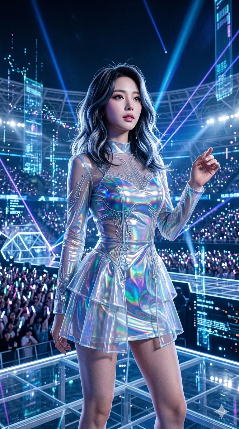 score_9, masterpiece, best quality, ultra-detailed, photorealistic 8k CG render, an incredibly beautiful Korean woman. Medium shot of upper body focusing on her alluring features and slim-fit silhouette, filling the vertical 9:16 frame. She is a synthetic idol performing on a floating stage. She has an absolutely perfect 8-heads proportion, an exceptionally tall and slender female figure with impossibly long slender legs and an ultra-slim waist. Her face is a flawless masterpiece with a sharp v-shaped jawline, high-bridge nose, expressive jewel-like eyes, thick eyelashes, and perfectly glossy lips. She is wearing a sheer fabric holographic mini-dress, highlighting her alluring silhouette. A massive digital stadium with vivid laser lights and floating data streams., 2k, ultra detail, master piece, 9:16 ratio