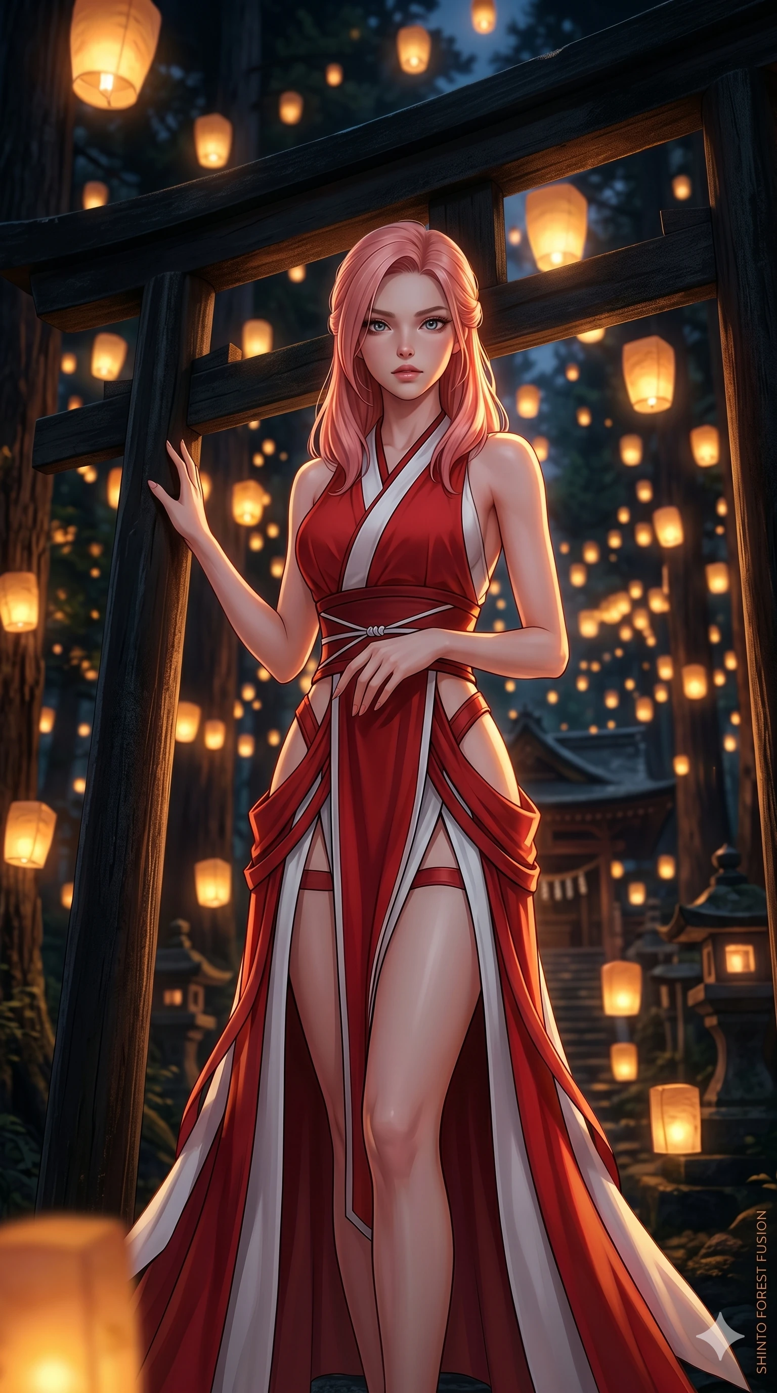 score_9, masterpiece, best quality, ultra-detailed, high-budget anime keyframe, editorial fashion photography, tasteful artistic composition, Japanese woman. cowboy shot from the thighs up, character and outfit filling the frame for maximum editorial presence. resting one hand on a wooden torii gate, casting a bedroom-eyes gaze directly at the lens in a mystical shinto shrine forest with golden floating lanterns (Code-P16-031). She has an absolutely perfect 8-heads proportion, an exceptionally tall and slender female figure with impossibly long slender legs and an ultra-slim waist. V-shaped jawline, high-bridge nose, intricate jewel-like eyes with depth, thick eyelashes, glossy lips with a natural sheen. wearing a modern red and white fusion shrine maiden dress with dramatic hip cutouts and straps. warm golden light from the floating lanterns, tracing the elegant curves of her neck. 2k, ultra detail, master piece, 9:16 ratio
