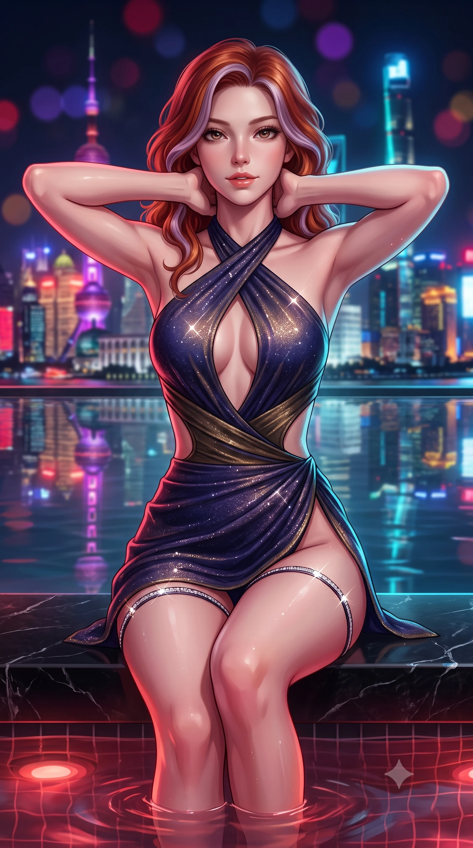 score_9, masterpiece, best quality, ultra-detailed, high-budget anime keyframe, semi-realistic 3D game render, editorial fashion photography, tasteful artistic composition, Caucasian woman. close-up cowboy shot from the waist and thighs up, the character dominates the composition, filling the frame with her large presence. resting both hands lightly behind her neck with elbows raised, arching her spine to highlight her narrow waist, flat midriff, and breathtaking collarbones while sitting on the submerged black marble ledge of the 60th-floor rooftop pool, arching her spine with wet-look siren grace as metropolis lights ripple across the water. The background shows a soft-focus neon Pudong skyscrapers reflecting upside-down in calm pool water, rain-slicked Bund colonial buildings, and dark night sky blurred into ruby, electric violet, and gold bokeh. She has an exceptionally elegant, slender, and willowy female figure with an ultra-slim waist, flat toned midriff, narrow ribcage, and sculpted feminine hips creating an alluring, slim hourglass silhouette without bulk. sharp v-shaped jawline, high-bridge nose, sparkling eyes with hypnotic seductive depth, thick curled eyelashes, glossy parted lips with a natural dewy peach sheen, alluring bedroom-eyes with an enchanting coquettish smile, exuding magnetic siren charisma and sophisticated glamour, flawlessly proportioned anatomical accuracy, strict slender model proportions, natural body alignment, perfectly sculpted long slender limbs, ultra-slim waistline, clean dynamic posture without body distortion. wearing a criss-cross halterneck keyhole bodysuit with open back and sculpted waist darts in Austrian opera midnight indigo and antique brass, woven from stretch metallic lurex jersey casting radiant starlight glints across her silhouette, finished with delicate crystal-encrusted thigh garter straps glinting in the dim light, the high-slit wrap tailoring accentuating her ultra-slim waistline and the enchanting curve of her feminine hips with alluring seductive charm. bathed in warm underwater crimson pool illumination paired with cold neon cyan ambient skyline glow. highly saturated vibrant anime colors, detailed shading with soft gradients, rich glossy textures, high-contrast stereoscopic depth, volumetric dynamic lighting, master piece, 9:16 ratio