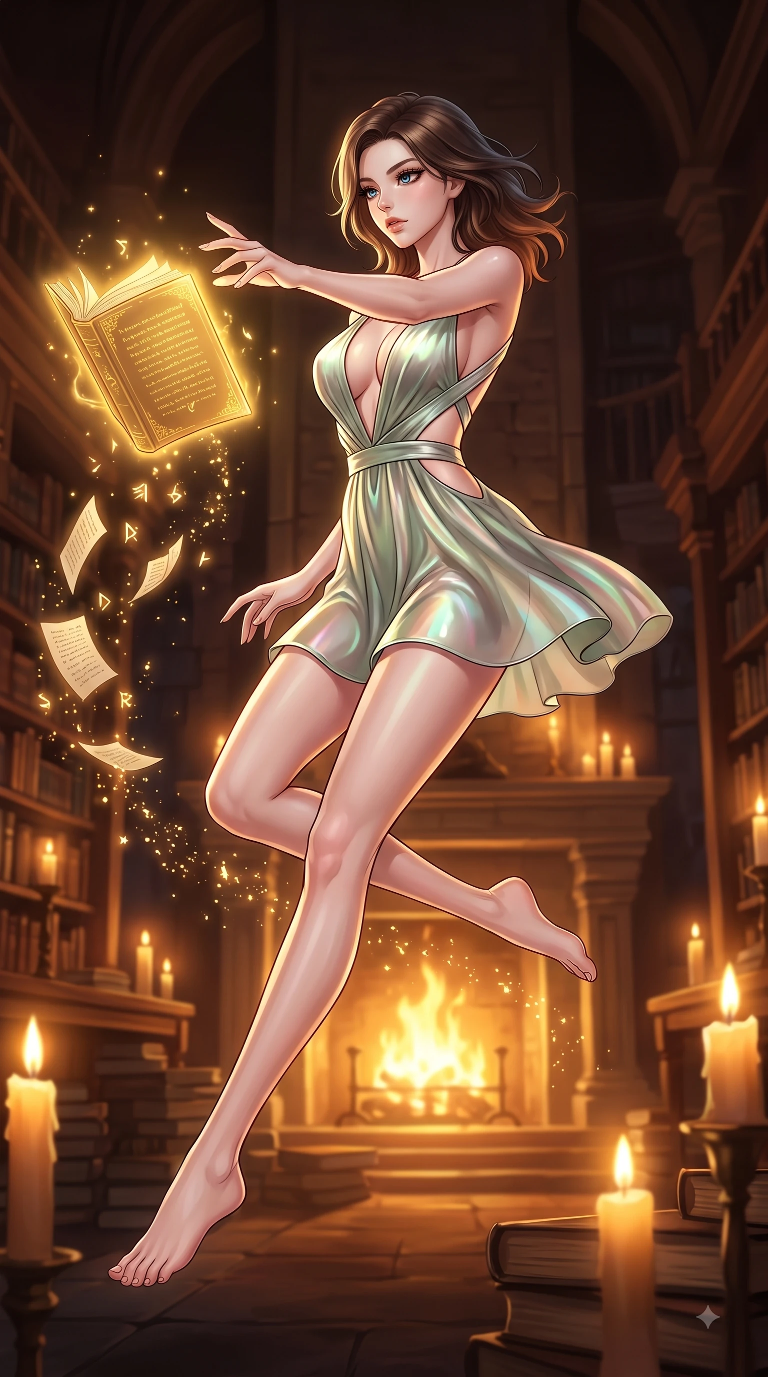 score_9, masterpiece, best quality, ultra-detailed, high-budget anime keyframe, editorial fashion photography, tasteful artistic composition, Korean woman. low angle full-body shot from head to toe showing her feet, filling the entire 9:16 vertical frame with her statuesque presence, stretching her vertical silhouette. leaping gracefully through mid-air with statuesque elegance, her impossibly long slender legs stretched in perfect balance while reaching her hand toward a glowing golden manuscript hovering in mid-air with magnetic poise, floating paper pages and glowing spell runes scattering golden starlight dust motes. She has an absolutely perfect, statuesque 8.5-heads proportion, an exceptionally tall and slender model-like female figure with impossibly long slender legs and an ultra-slim waist. sharp v-shaped jawline, high-bridge nose, intricate jewel-like eyes with depth, thick eyelashes, glossy lips with a natural sheen, flawlessly proportioned anatomical accuracy, natural body alignment, perfectly sculpted elegant limbs, clean dynamic posture without body distortion. wearing a liquid mercury gloss mini dress with ultra-deep V-neck and waist cutouts in sage green and oatmeal, crafted from iridescent chiffon that shifts colors in the light, complemented by criss-cross back straps highlighting her bare shoulders, the tailored fabric tightly following every curve of her athletic build. bathed in rich amber candlelight and warm golden hearth flame backlighting. highly saturated vibrant anime colors, detailed shading with soft gradients, rich glossy textures, high-contrast stereoscopic depth, volumetric dynamic lighting, master piece, 9:16 ratio