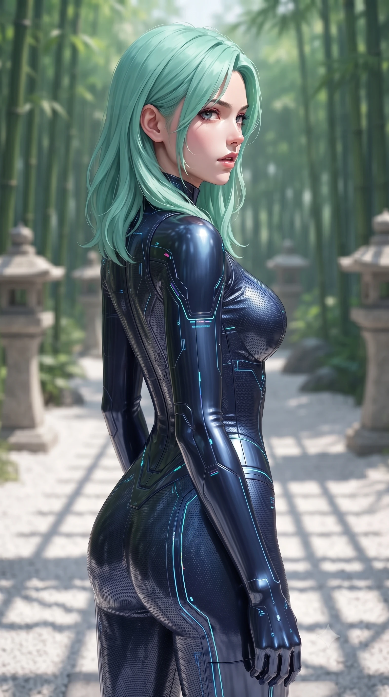 score_9, masterpiece, best quality, ultra-detailed, high-budget anime keyframe, editorial fashion photography, tasteful artistic composition, Japanese woman. close-up cowboy shot from the waist and thighs up, the character dominates the composition, filling the frame with her large presence, background elements kept in soft focus. turning her face in profile to look over her shoulder, casting a smoldering side gaze with lips slightly parted, the background shows a soft-focus a bamboo forest path with white sand gravel and structured stone lanterns. She has an exceptionally elegant, slender, and willowy female figure with an ultra-slim waist, a gracefully sculpted slender torso, and a refined silhouette. sharp v-shaped jawline, high-bridge nose, intricate jewel-like eyes with depth, thick eyelashes, glossy lips with a natural sheen. wearing a slim-fit body-hugging deep navy nano-texturing catsuit decorated with thin, glowing cybernetic circuitry lines. crisp morning sunlight casting sharp, clean grid shadows across the sand. ultra-reflective glossy finish, specular highlights, metallic sheen, high-contrast stereoscopic depth, volumetric dynamic lighting, 2k, ultra detail, master piece, 9:16 ratio