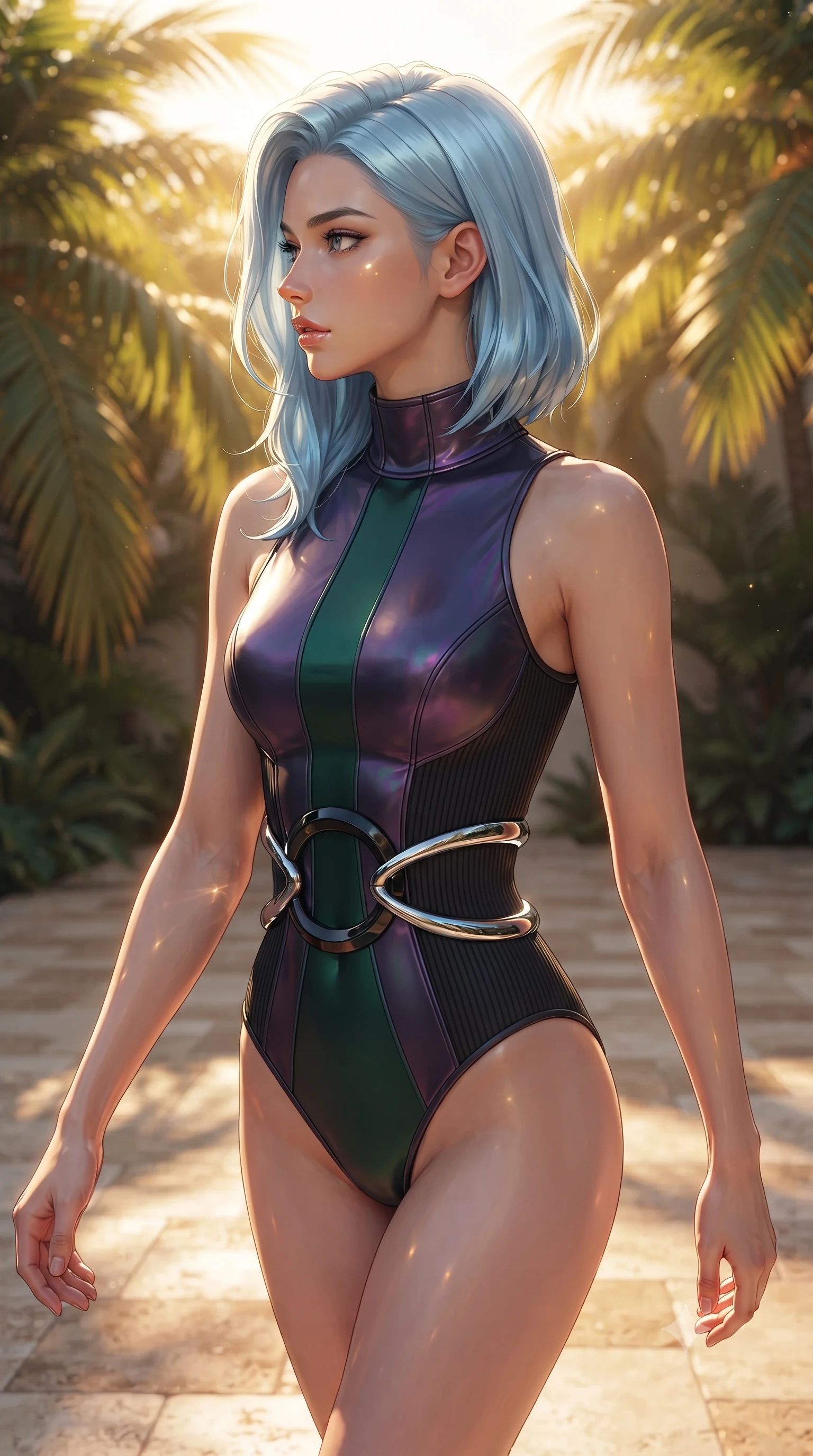 score_9, masterpiece, best quality, ultra-detailed, high-budget anime keyframe, editorial fashion photography, tasteful artistic composition, Korean woman. close-up cowboy shot from the waist and thighs up, the character dominates the composition, filling the frame with her large presence, background elements kept in soft focus. Turning her face in sharp dramatic profile against the key light, walking across warm travertine tiles as palm fronds filter bright sunlight, effortless summer resort luxury aesthetic. She has an exceptionally elegant, slender, and willowy female figure with an ultra-slim waist, a gracefully sculpted slender torso, and a refined silhouette. sharp v-shaped jawline, high-bridge nose, intricate jewel-like eyes with depth, thick eyelashes, glossy lips with a natural sheen. wearing sleek high-neck ribbed activewear bodysuit in matte black in deep emerald green, made of iridescent dark violet taffeta, accented with sculpted obsidian chrome rings at the waist, the fitted fabric emphasizing her ultra-slim waist. bathed in bright golden sunlight filtering through tropical palm fronds. ultra-reflective glossy finish, specular highlights, metallic sheen, high-contrast stereoscopic depth, volumetric dynamic lighting, 2k, ultra detail, master piece, 9:16 ratio