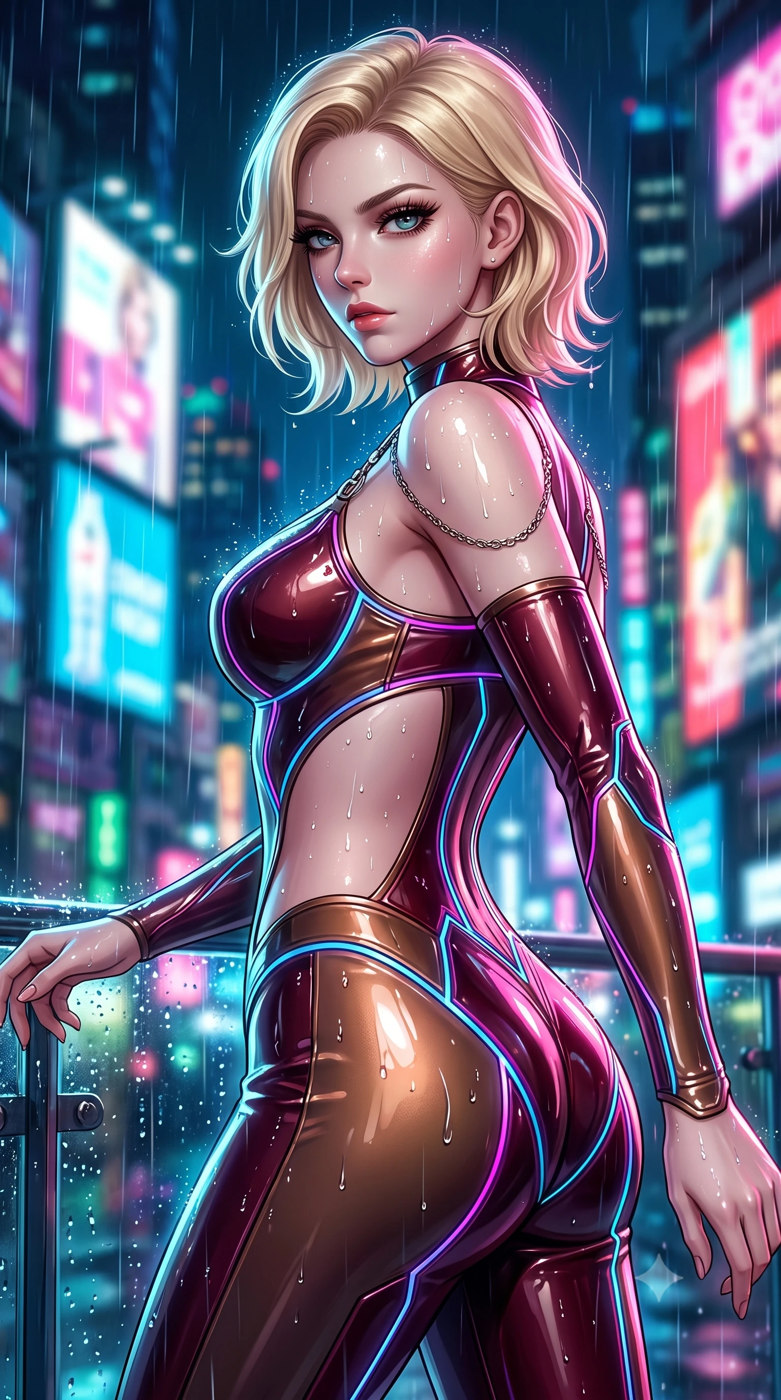 score_9, masterpiece, best quality, ultra-detailed, high-budget anime keyframe, editorial fashion photography, tasteful artistic composition, Caucasian woman. close-up cowboy shot from the waist and thighs up, the character dominates the composition, filling the frame with her large presence, background elements kept in soft focus. Pivoting sharply while looking back over her shoulder with heavy lashes and a confident, intense gaze while pivoting in a mid-stride turn as rain droplets glisten on her metallic outfit, wet glass surfaces casting glossy specular highlights from surrounding billboards. She has an exceptionally elegant, slender, and willowy female figure with an ultra-slim waist, a gracefully sculpted slender torso, and a refined silhouette. sharp v-shaped jawline, high-bridge nose, intricate jewel-like eyes with depth, thick eyelashes, glossy lips with a natural sheen, flawlessly proportioned anatomical accuracy, natural body alignment, perfectly sculpted elegant limbs, clean dynamic posture without body distortion. wearing a skin-tight cybernetic bodysuit with glowing neon seams and side cutouts in deep burgundy and bronze, tailored from high-gloss patent leather, adorned with delicate metallic chain straps along the neckline, the form-contouring material highlighting her ultra-slim waist and long lines. surrounded by a vibrant, atmospheric city glow with glistening raindrops. highly saturated vibrant anime colors, detailed shading with soft gradients, rich glossy textures, high-contrast stereoscopic depth, volumetric dynamic lighting, master piece, 9:16 ratio
