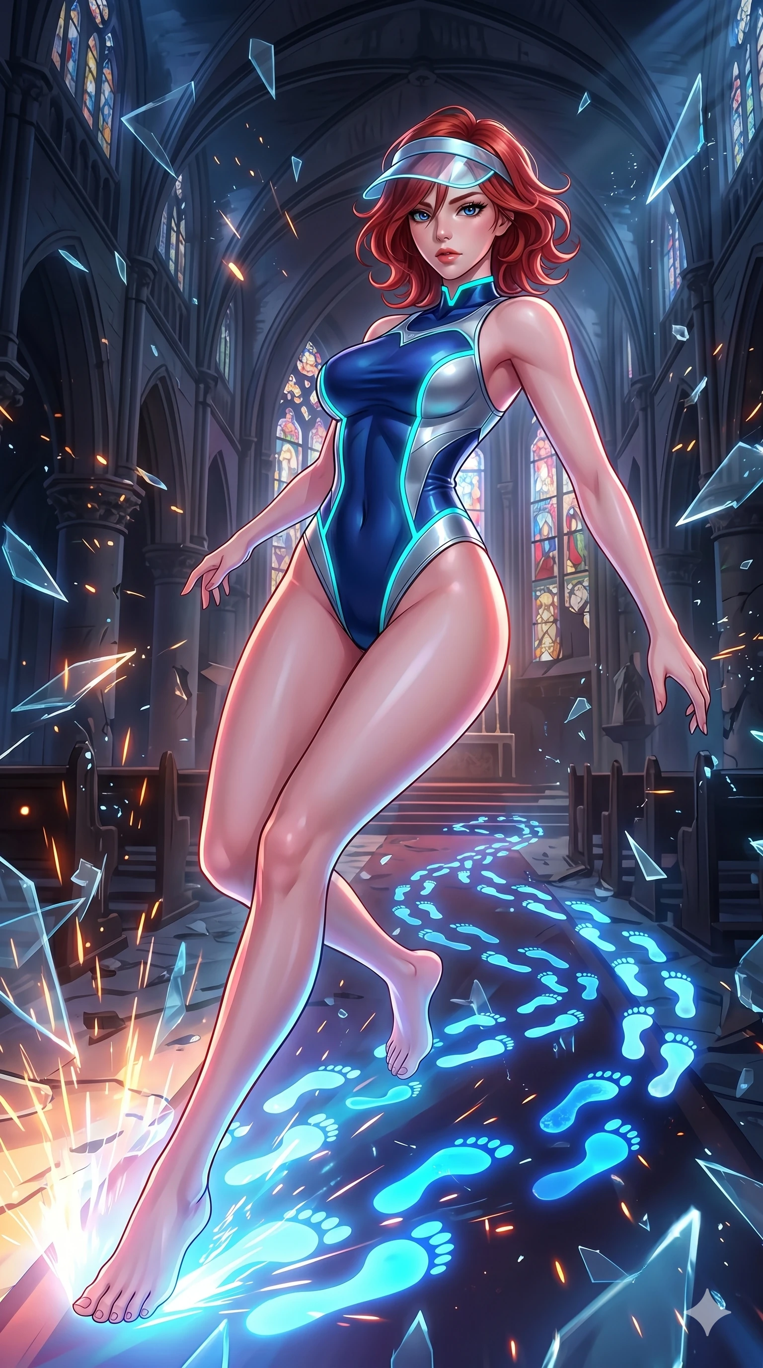 score_9, masterpiece, best quality, ultra-detailed, Set A: High-budget Anime Keyframe, Korean woman. Upper body close-up from the thighs up, character filling the screen for maximum presence. Sliding through a shattered glass cathedral, as she leaves a trail of 228 glowing footprints and surrounded by glowing energy sparks. She has an absolutely perfect 8-heads proportion, an exceptionally tall and slender female figure with impossibly long slender legs and an ultra-slim waist. Sharp v-shaped jawline, high-bridge nose, intricate jewel-like eyes with depth, thick eyelashes, glossy lips with a natural sheen. Wearing High-cut athletic leotard with glowing trim and a translucent visor accessory. Cinematic lighting, vibrant colors, dramatic shadows, 2k, ultra detail, master piece, 9:16 ratio