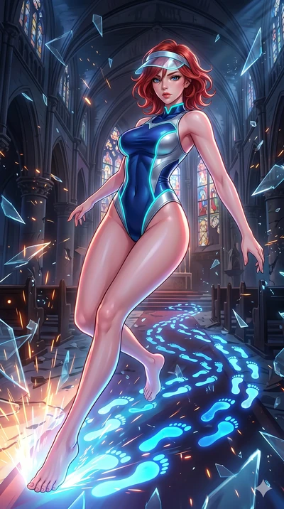 score_9, masterpiece, best quality, ultra-detailed, Set A: High-budget Anime Keyframe, Korean woman. Upper body close-up from the thighs up, character filling the screen for maximum presence. Sliding through a shattered glass cathedral, as she leaves