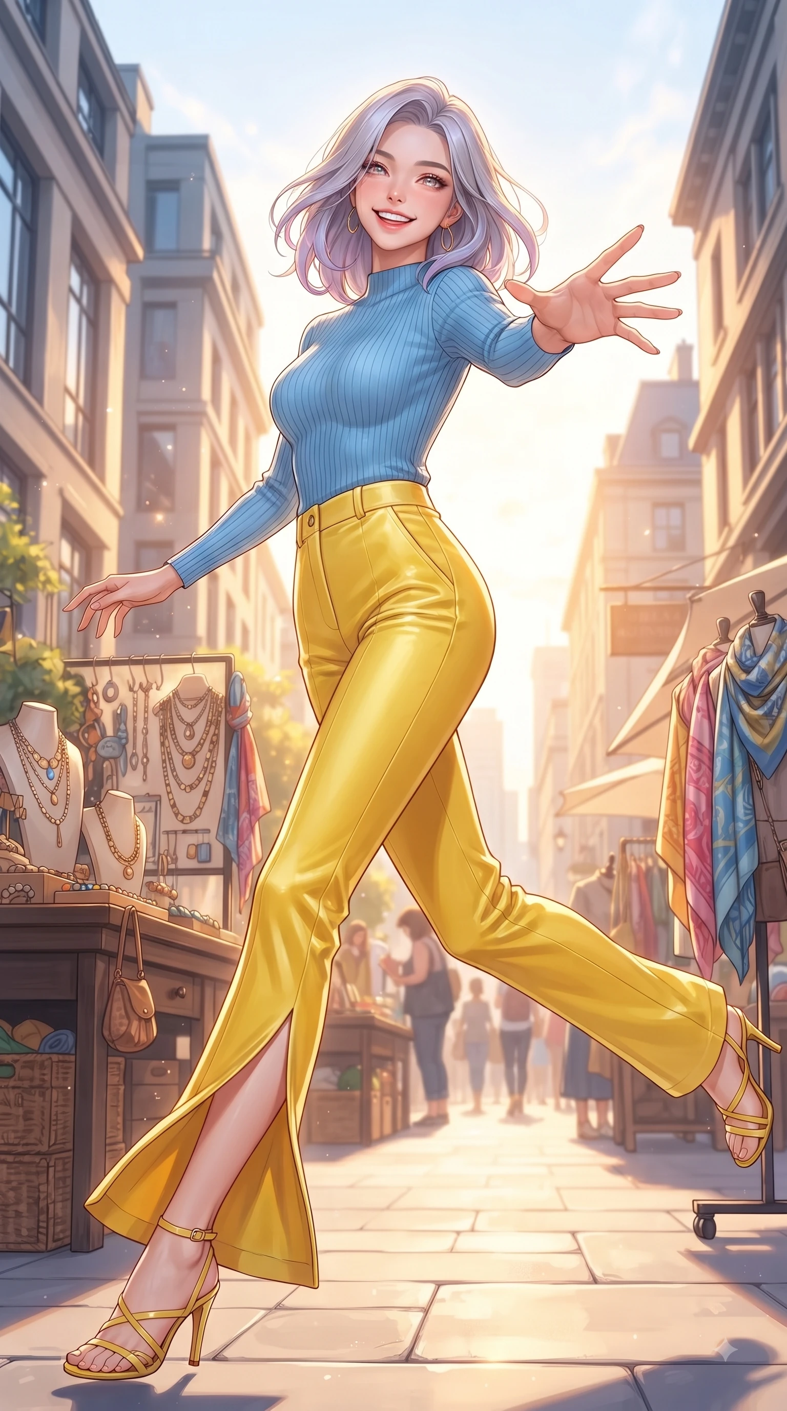 score_9, masterpiece, best quality, ultra-detailed, high-budget anime keyframe, editorial fashion photography, tasteful artistic composition, Caucasian woman. low angle full-body shot from head to toe showing her feet, filling the entire 9:16 vertical frame with her statuesque presence, stretching her vertical silhouette. leaping with pure youthful energy through the scene with a radiant bright smile, her long slender legs balanced gracefully while reaching out playfully toward the camera while browsing an outdoor fashion accessory display. The surrounding environment is rendered in vivid detail and crisp panoramic clarity. bright afternoon sunbeams filtering between chic urban buildings with vivid environmental sharpness. She has an absolutely perfect, statuesque 8.5-heads proportion, an exceptionally tall and slender model-like female figure with impossibly long slender legs and an ultra-slim waist. sharp v-shaped jawline, high-bridge nose, intricate jewel-like eyes with depth, thick eyelashes, glossy lips with a natural sheen, flawlessly proportioned anatomical accuracy, natural body alignment, perfectly sculpted elegant limbs, clean dynamic posture without body distortion. wearing a form-contouring ribbed knit top paired with high-waisted tailored stretch trousers in sunny canary yellow and clear sky blue, made of lustrous stretch velvet, featuring a sleek side leg slit ascending to mid-thigh, the glove-like fit emphasizing her statuesque silhouette during motion. bathed in brilliant golden hour sunshine and warm urban ambient illumination. ultra-reflective glossy finish, specular highlights, metallic sheen, high-contrast stereoscopic depth, volumetric dynamic lighting, 2k, ultra detail, master piece, 9:16 ratio